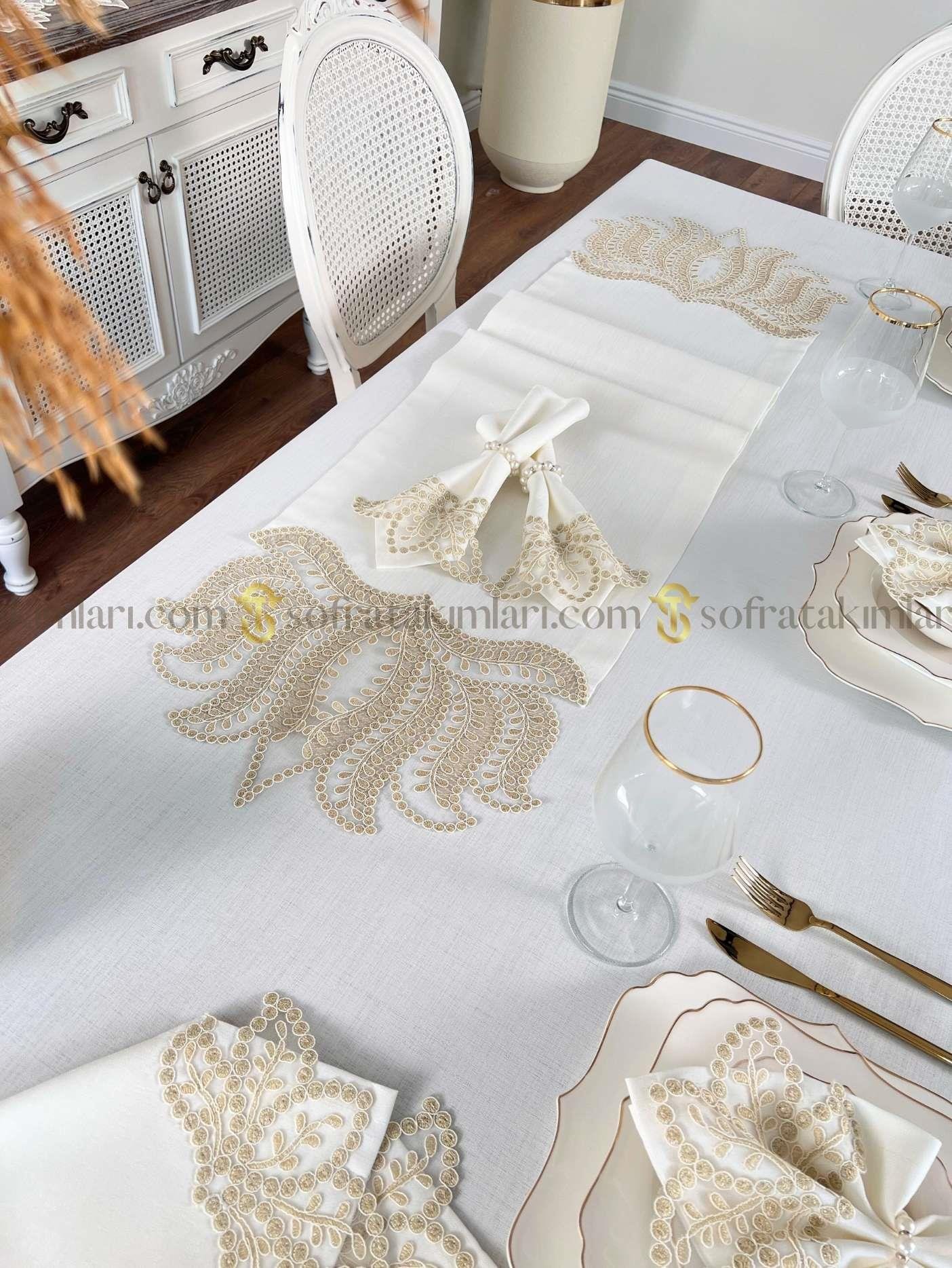 Paradise Model Eko 26 Parça Sofra Takımı - Gold Dantelli - Kırık Beyaz Kumaş