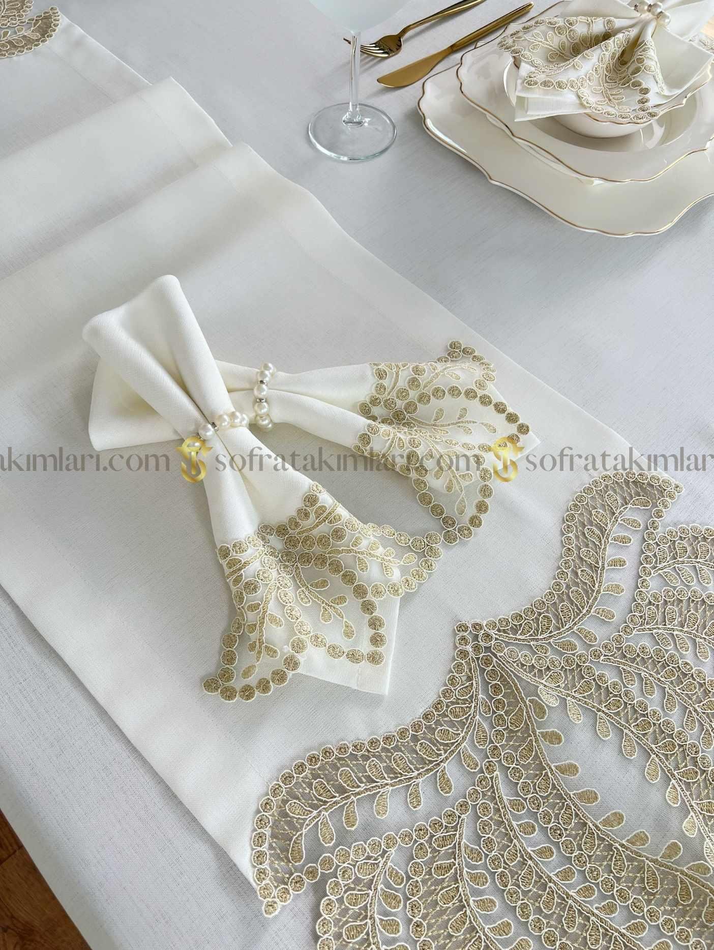 Paradise Model Eko 26 Parça Sofra Takımı - Gold Dantelli - Kırık Beyaz Kumaş