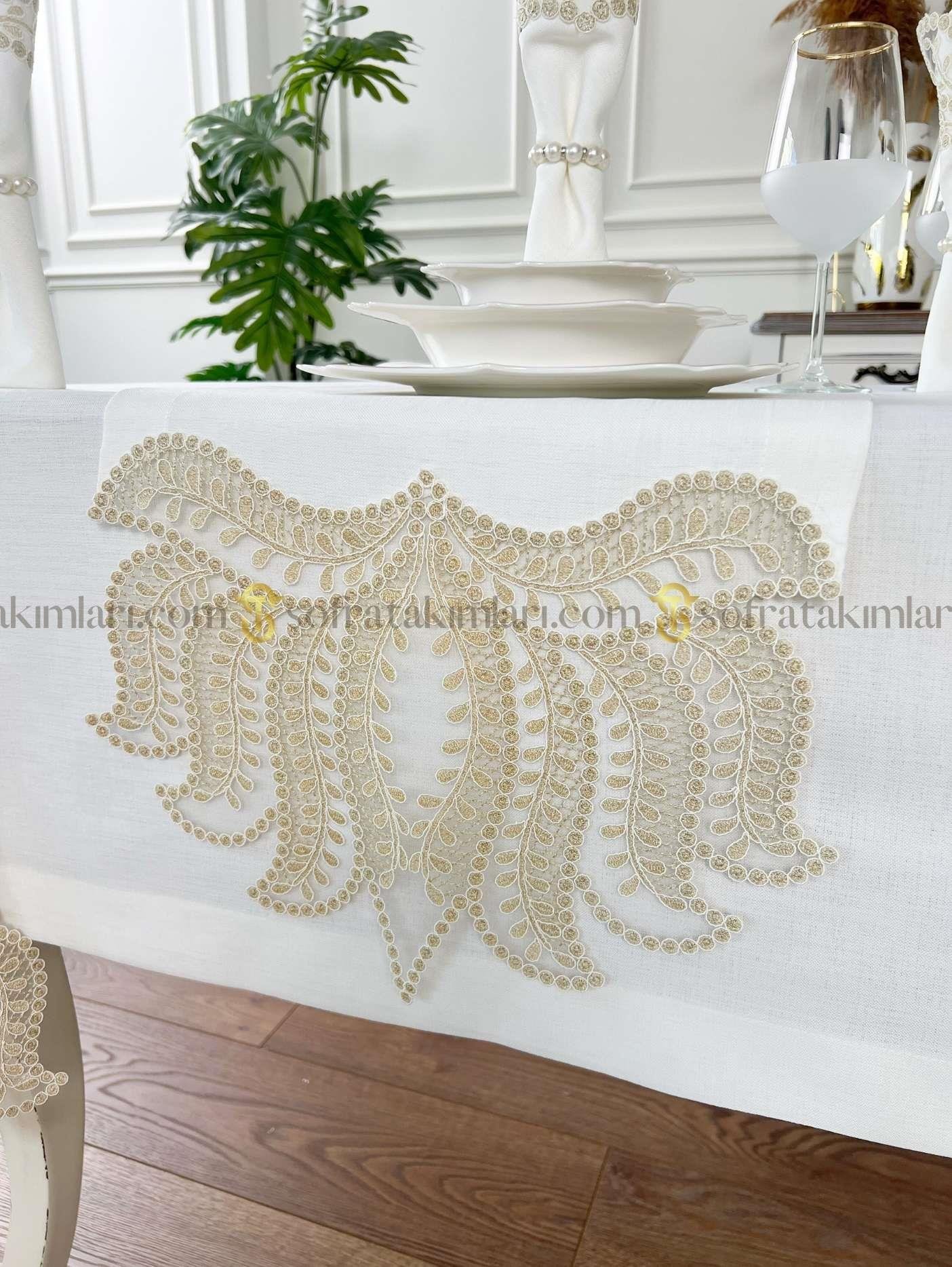 Paradise Model Eko 26 Parça Sofra Takımı - Gold Dantelli - Kırık Beyaz Kumaş