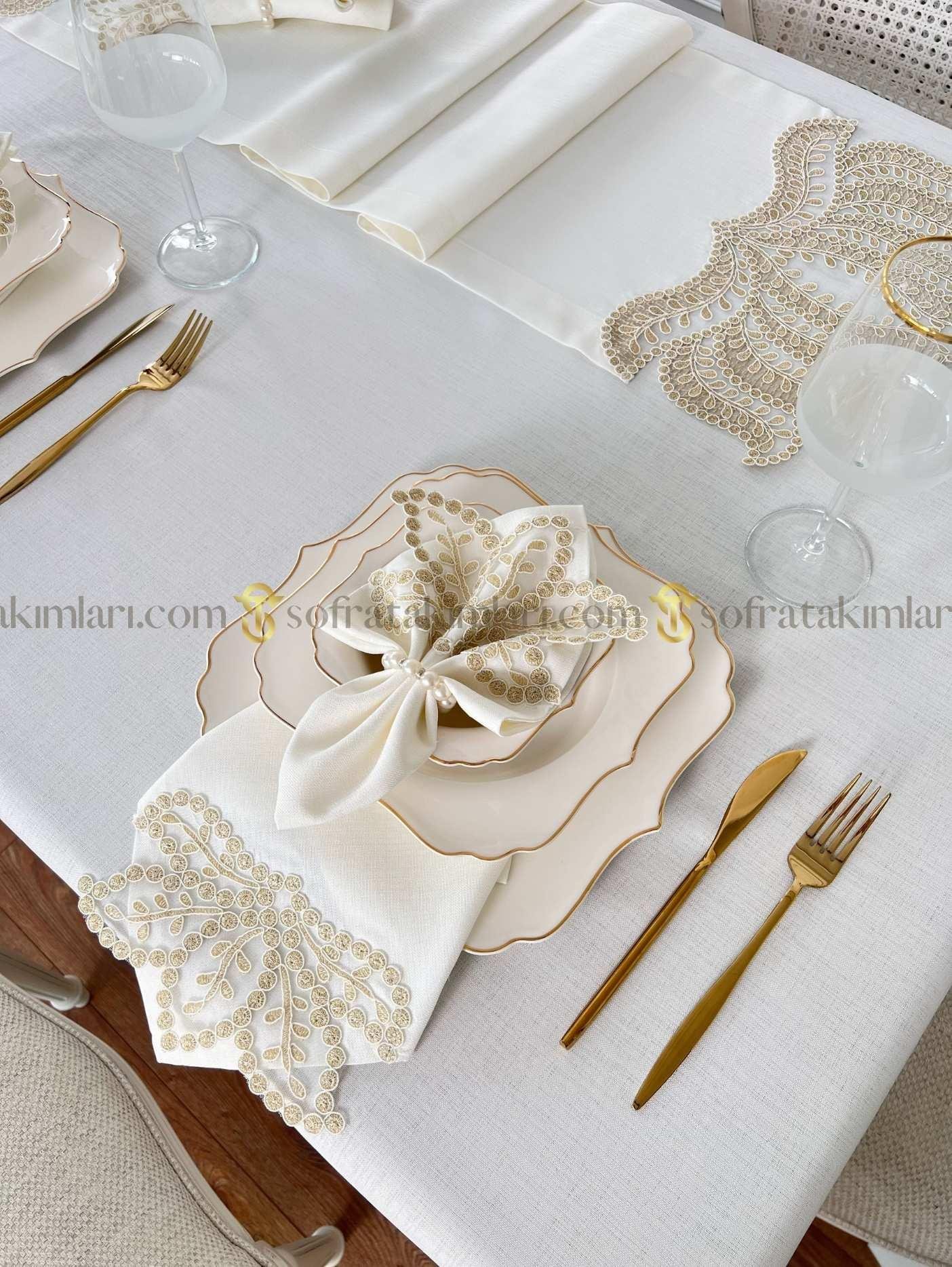 Paradise Model Eko 26 Parça Sofra Takımı - Gold Dantelli - Kırık Beyaz Kumaş