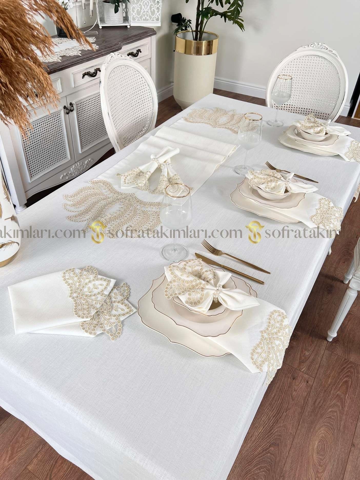 Paradise Model Eko 26 Parça Sofra Takımı - Gold Dantelli - Kırık Beyaz Kumaş