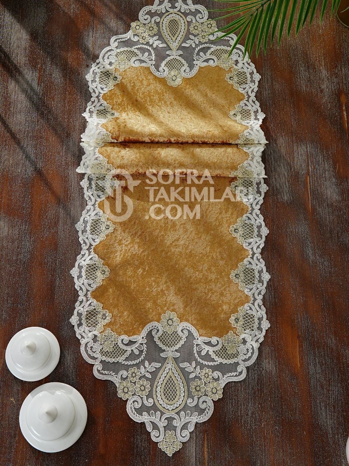 Safir Model 5 Parça Salon Örtü Takımı - Gold Kadife Kumaş