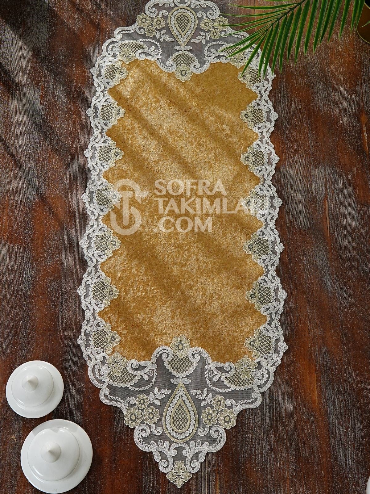 Safir Model 5 Parça Salon Örtü Takımı - Gold Kadife Kumaş