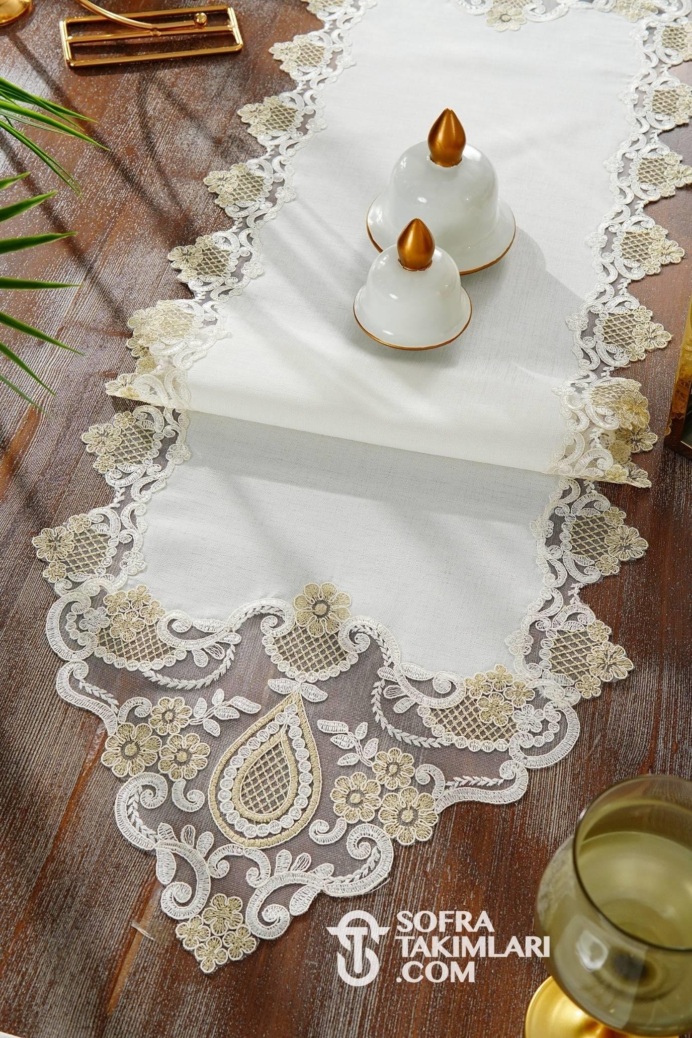Safir Model Amerikan Servis Seti -  Gold Dantel - Kırık Beyaz Kumaş