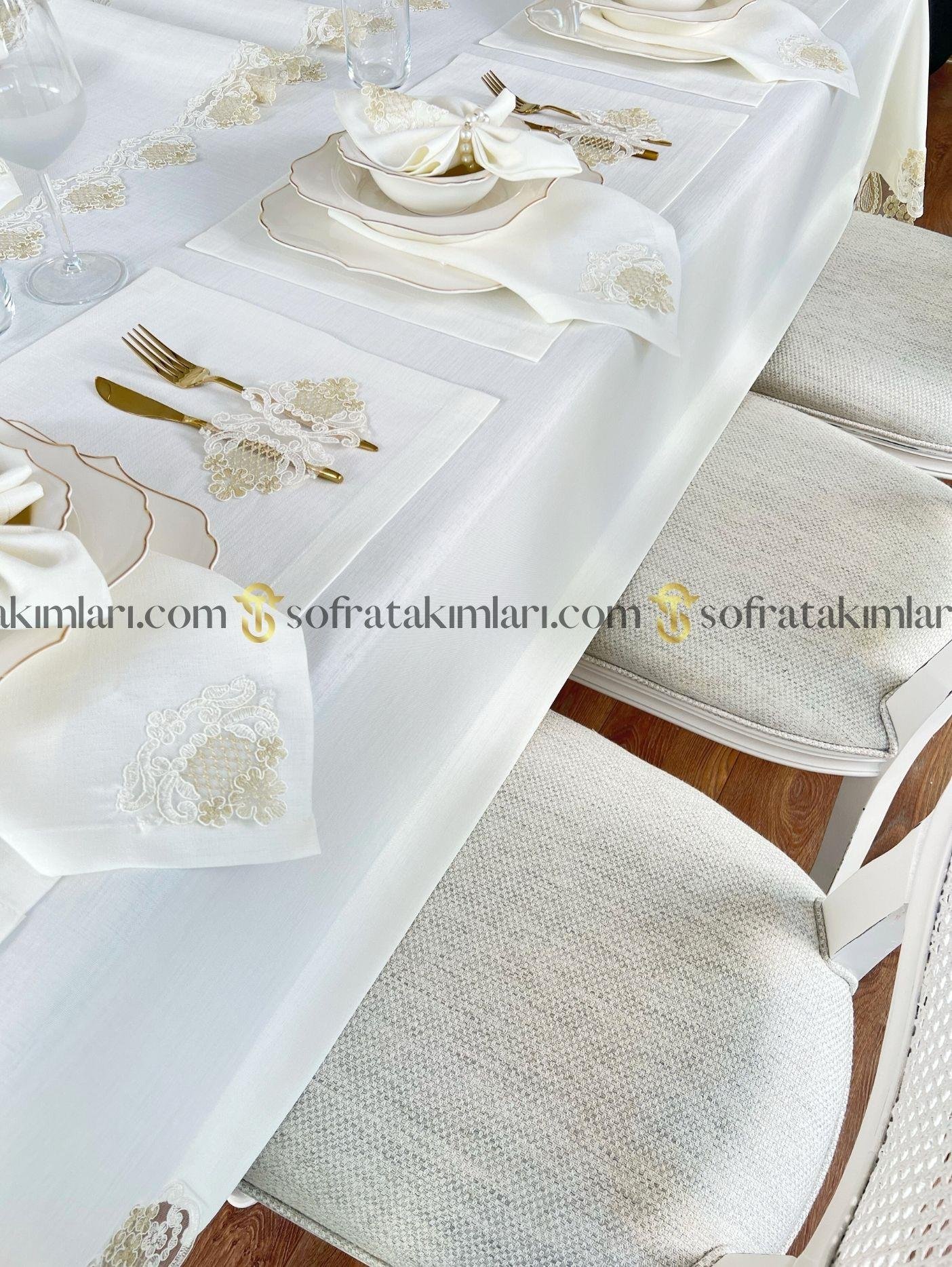 Safir Model Eko Sofra Takımı 38 Parça Set - Gold Dantelli - Kırık Beyaz Keten Kumaş