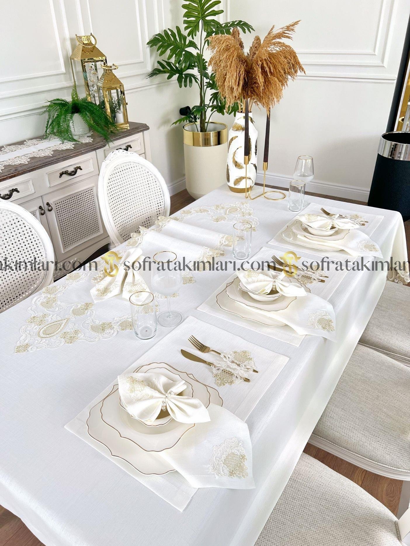 Safir Model Eko Sofra Takımı 38 Parça Set - Gold Dantelli - Kırık Beyaz Keten Kumaş
