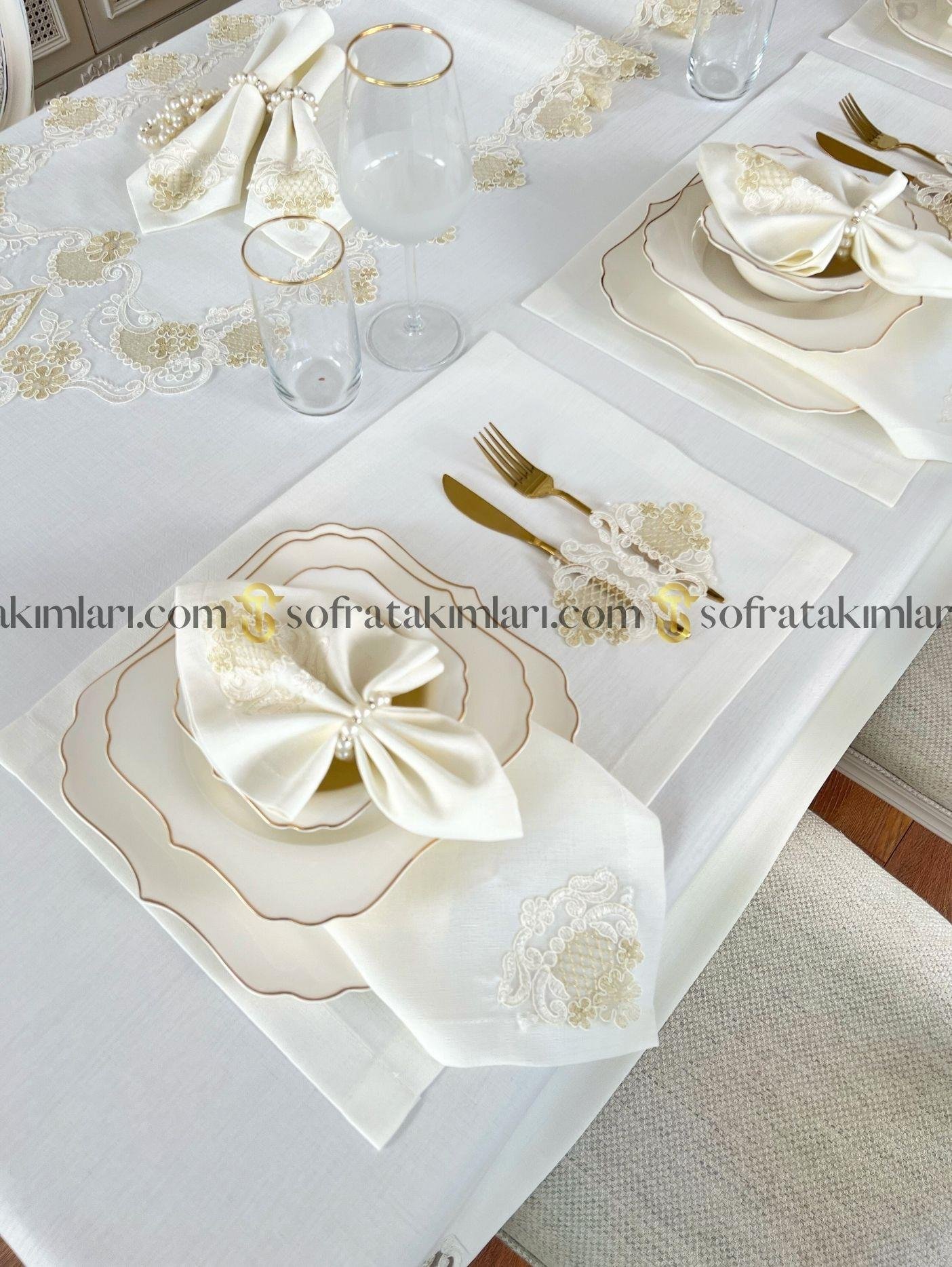Safir Model Eko Sofra Takımı 38 Parça Set - Gold Dantelli - Kırık Beyaz Keten Kumaş