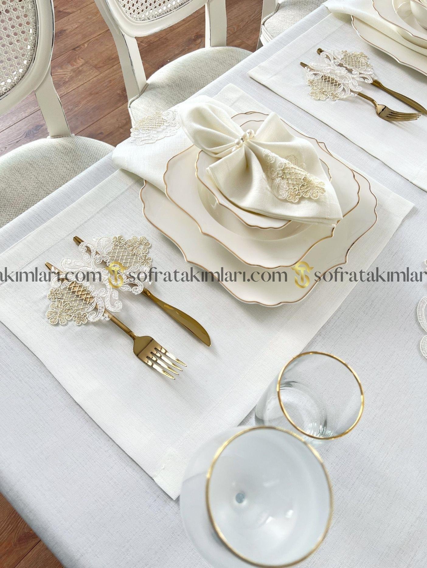 Safir Model Eko Sofra Takımı 38 Parça Set - Gold Dantelli - Kırık Beyaz Keten Kumaş