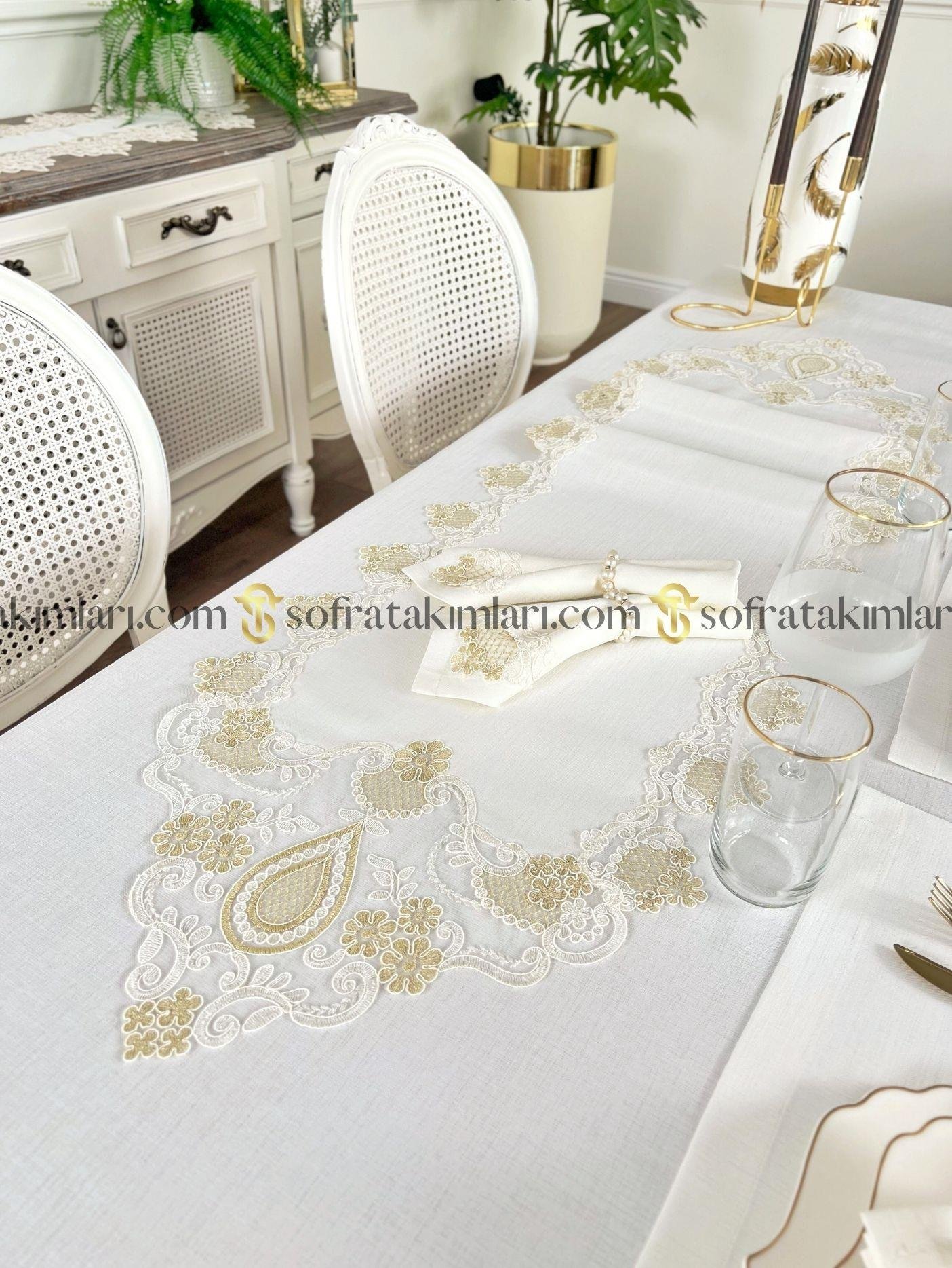 Safir Model Eko Sofra Takımı 38 Parça Set - Gold Dantelli - Kırık Beyaz Keten Kumaş