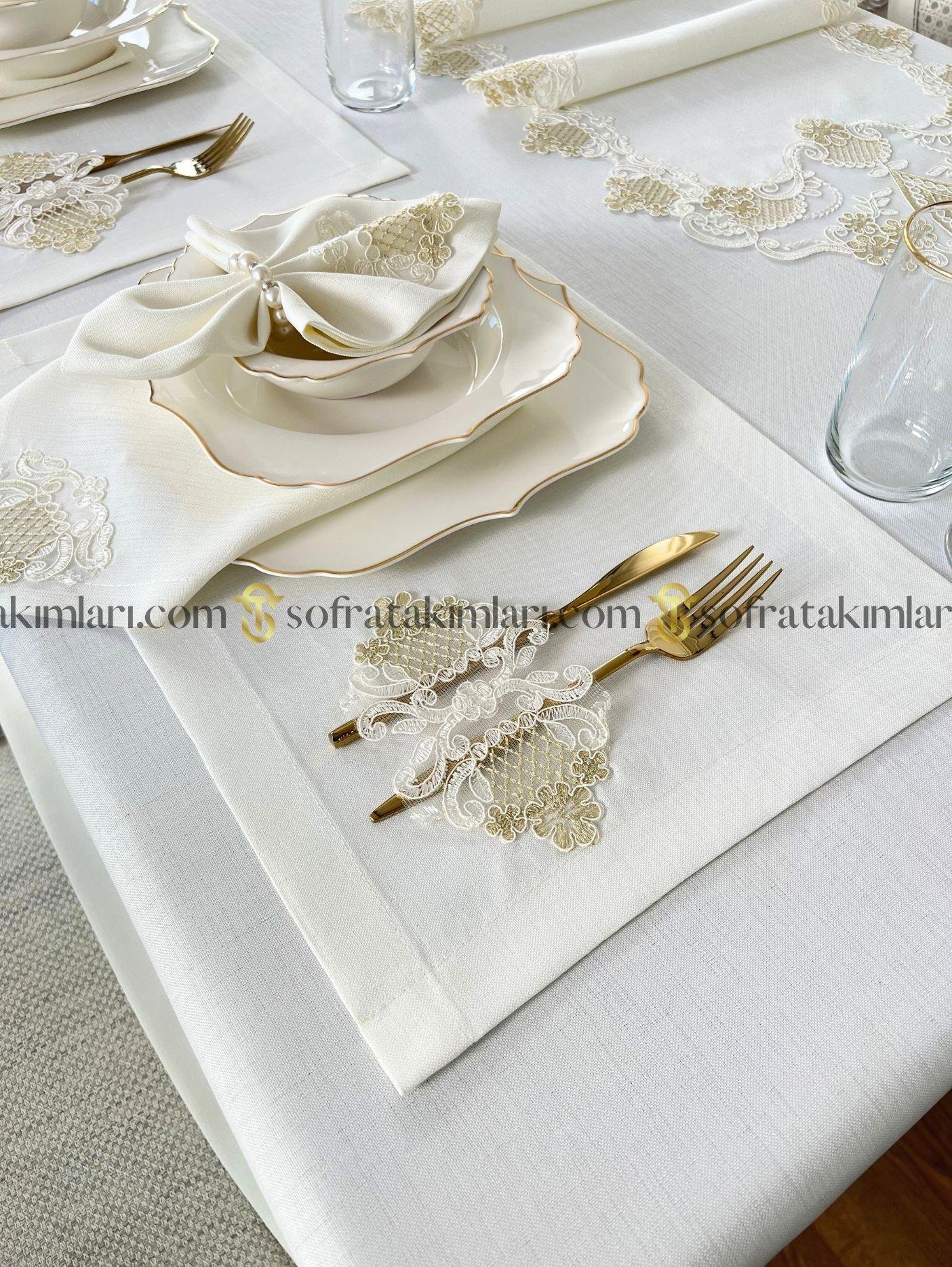 Safir Model Eko Sofra Takımı 38 Parça Set - Gold Dantelli - Kırık Beyaz Keten Kumaş