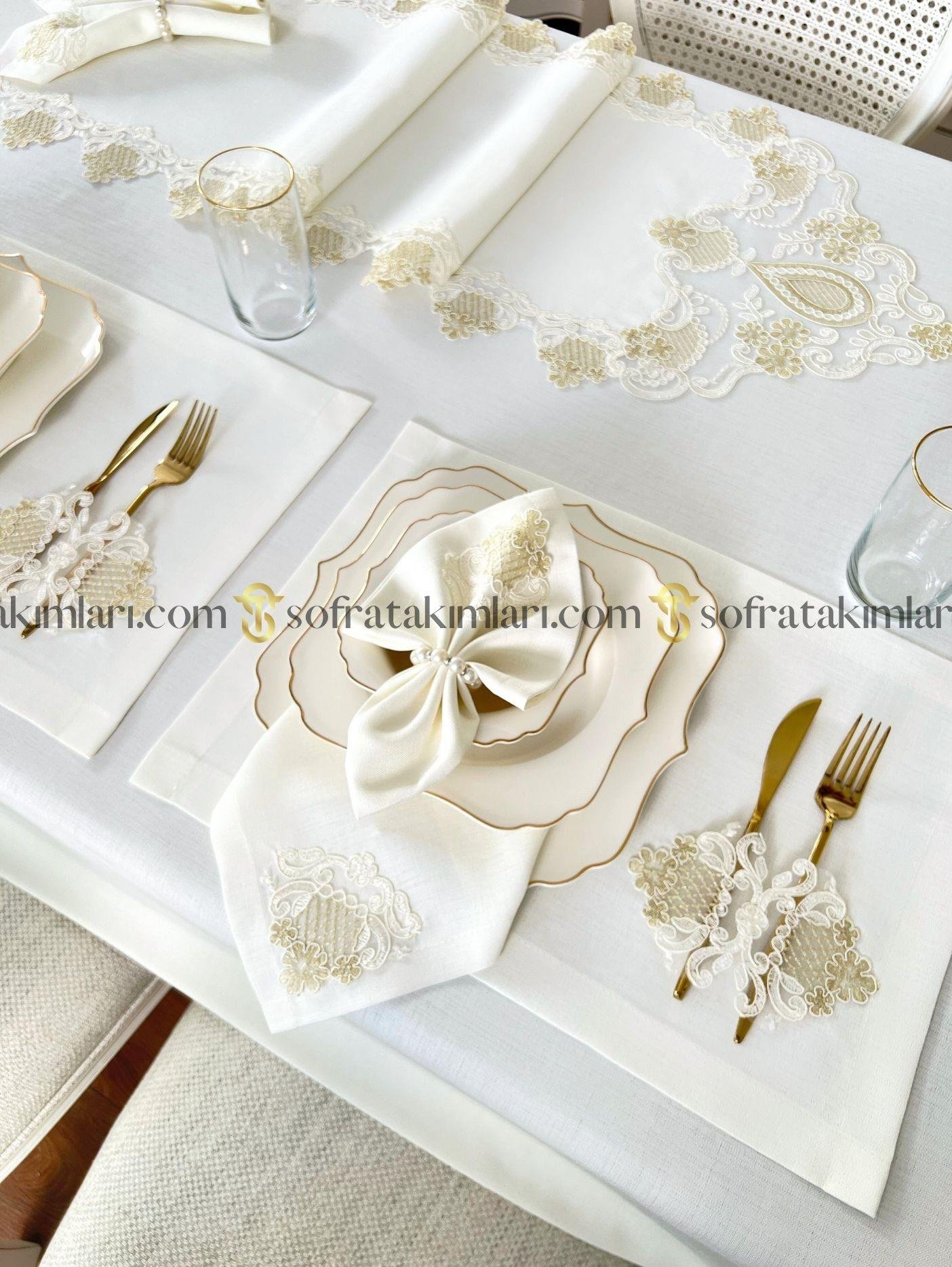 Safir Model Eko Sofra Takımı 38 Parça Set - Gold Dantelli - Kırık Beyaz Keten Kumaş