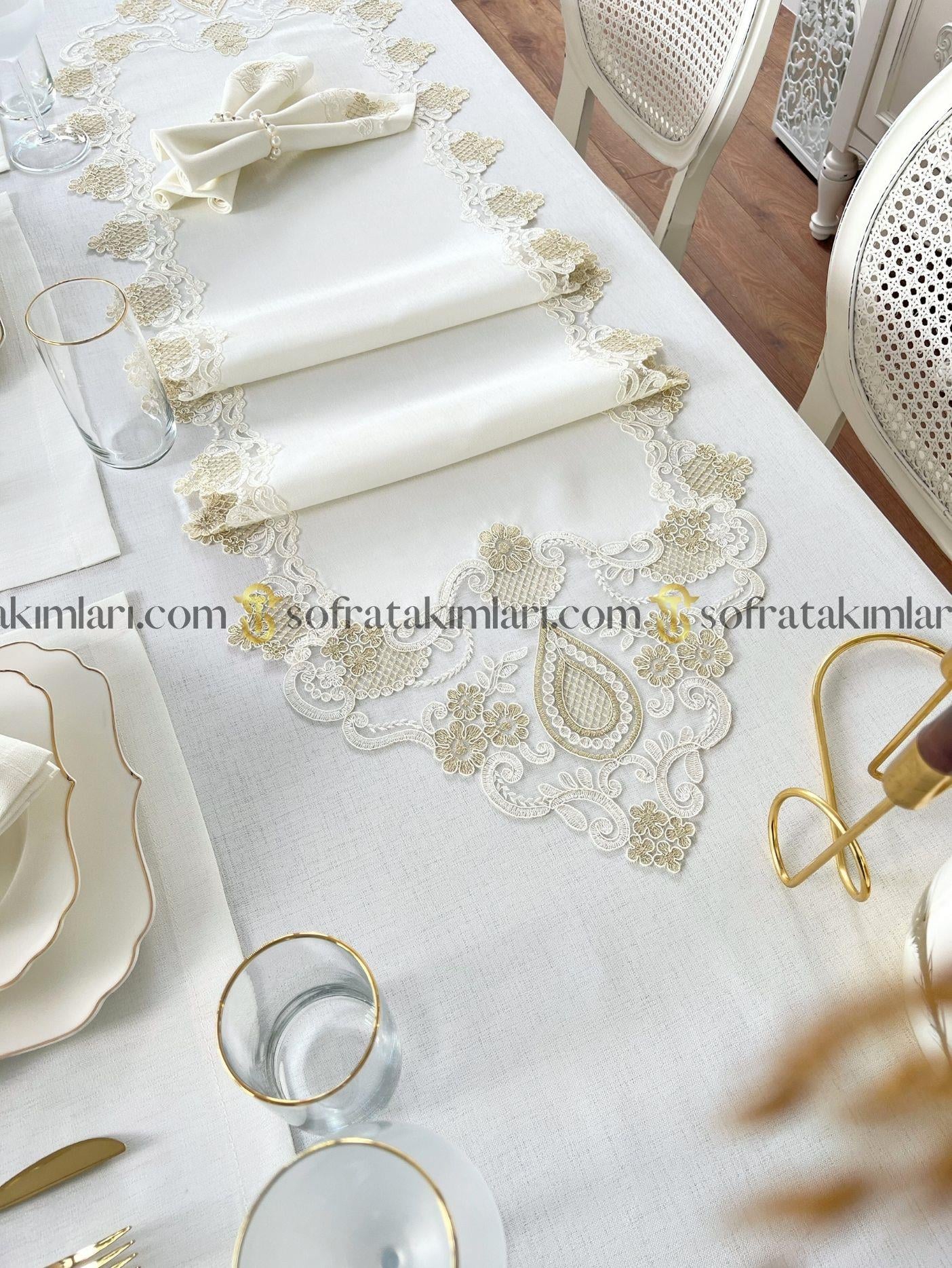 Safir Model Eko Sofra Takımı 38 Parça Set - Gold Dantelli - Kırık Beyaz Keten Kumaş