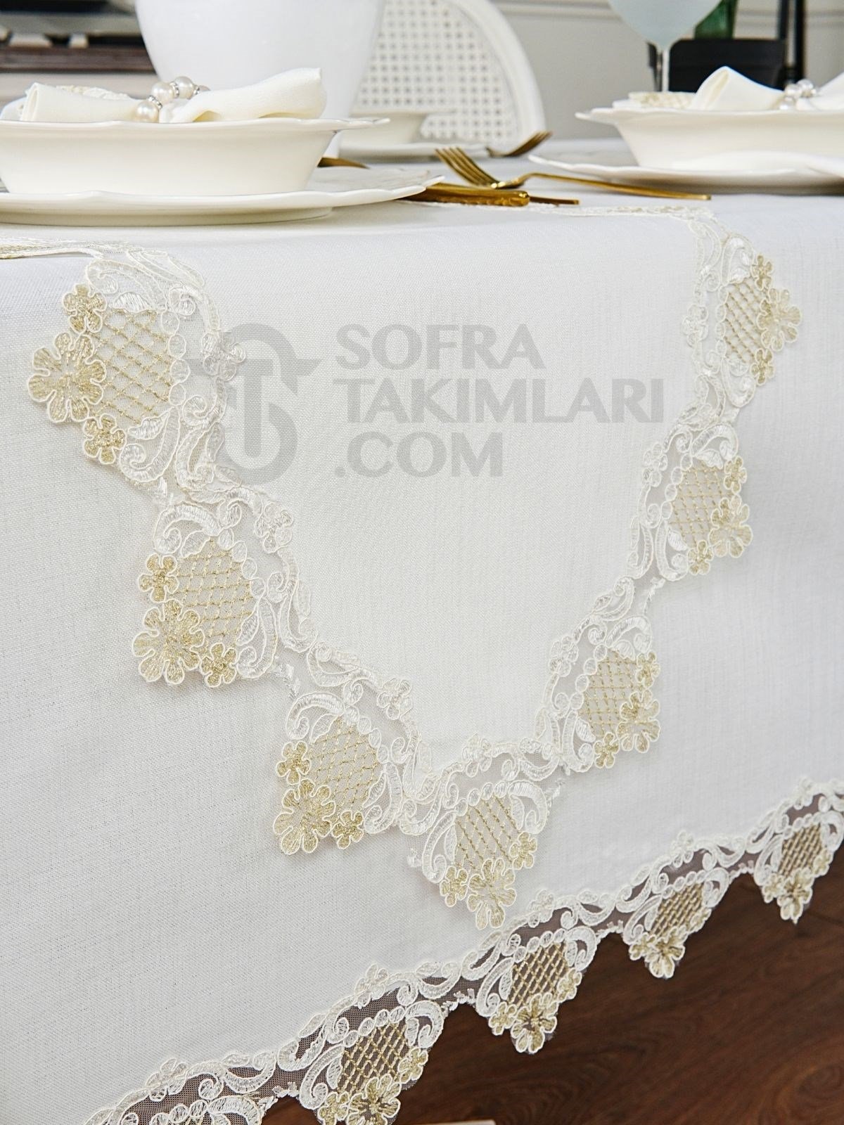 Safir Model Lüks Sofra Takımı 26 Parça Set - Gold Dantel - Kırık Beyaz Keten Kumaş