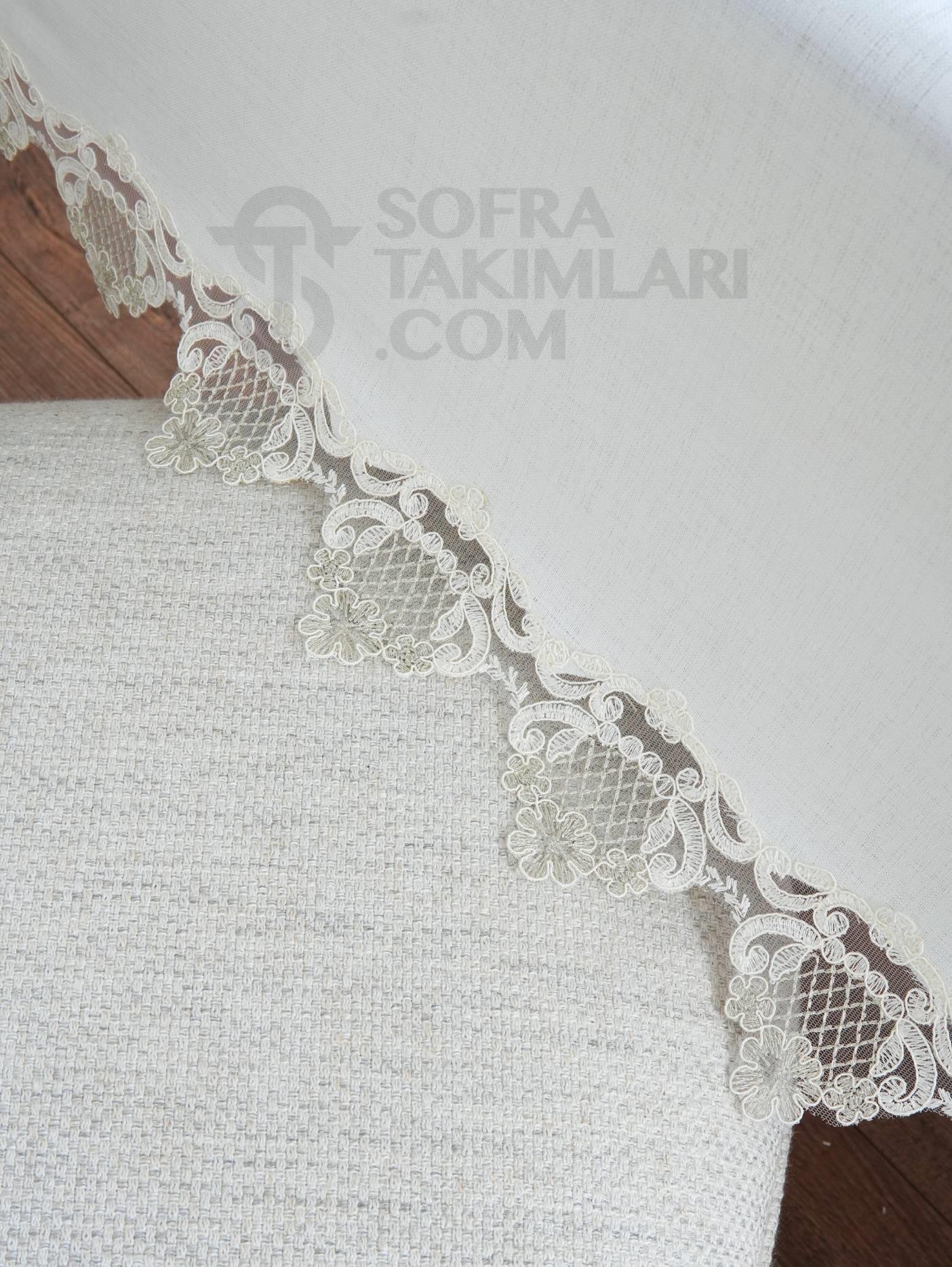 Safir Model Lüx Sofra Takımı 26 Parça Set - Gümüş Dantelli - Kırık Beyaz Keten Kumaş
