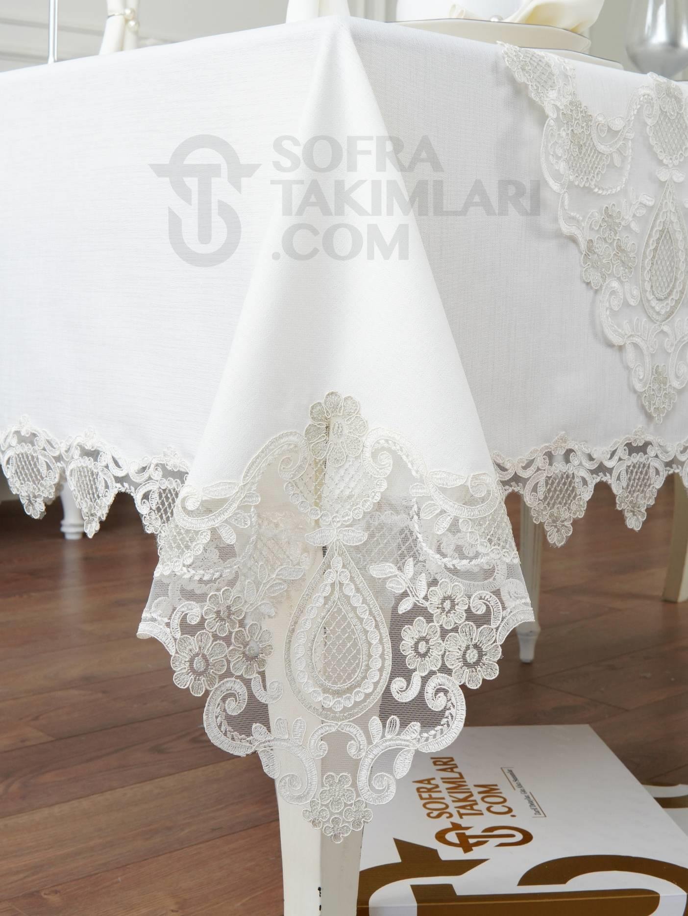 Safir Model Lüx Sofra Takımı 26 Parça Set - Gümüş Dantelli - Kırık Beyaz Keten Kumaş