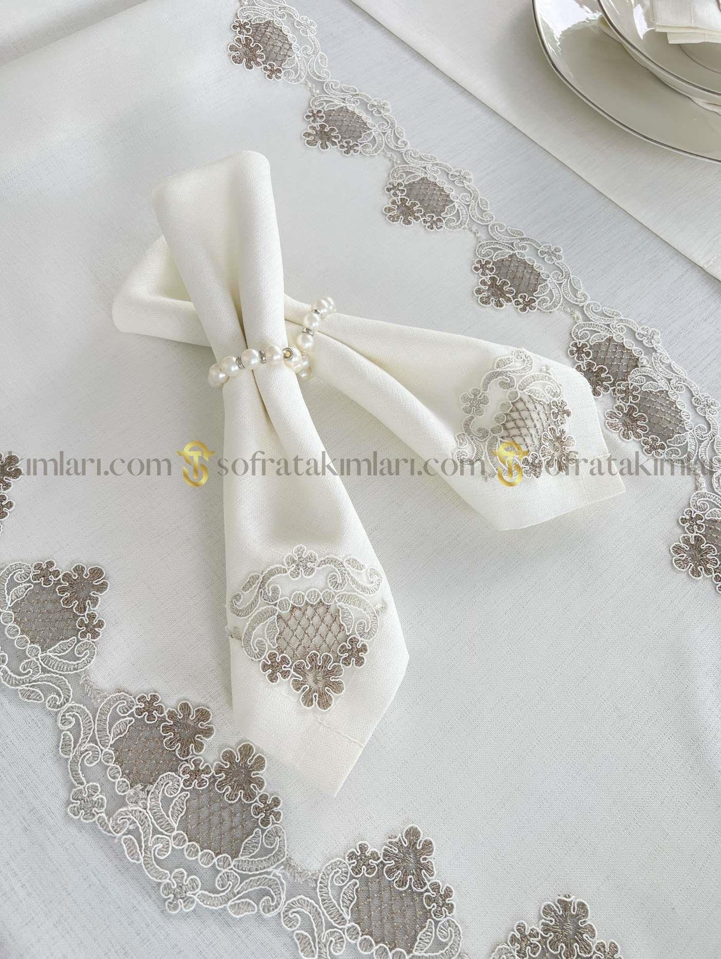 Safir Model Lüx Sofra Takımı - 38 Parça Amerikan Servisli Set - Kahve Dantelli - Kırıkbeyaz Kumaş