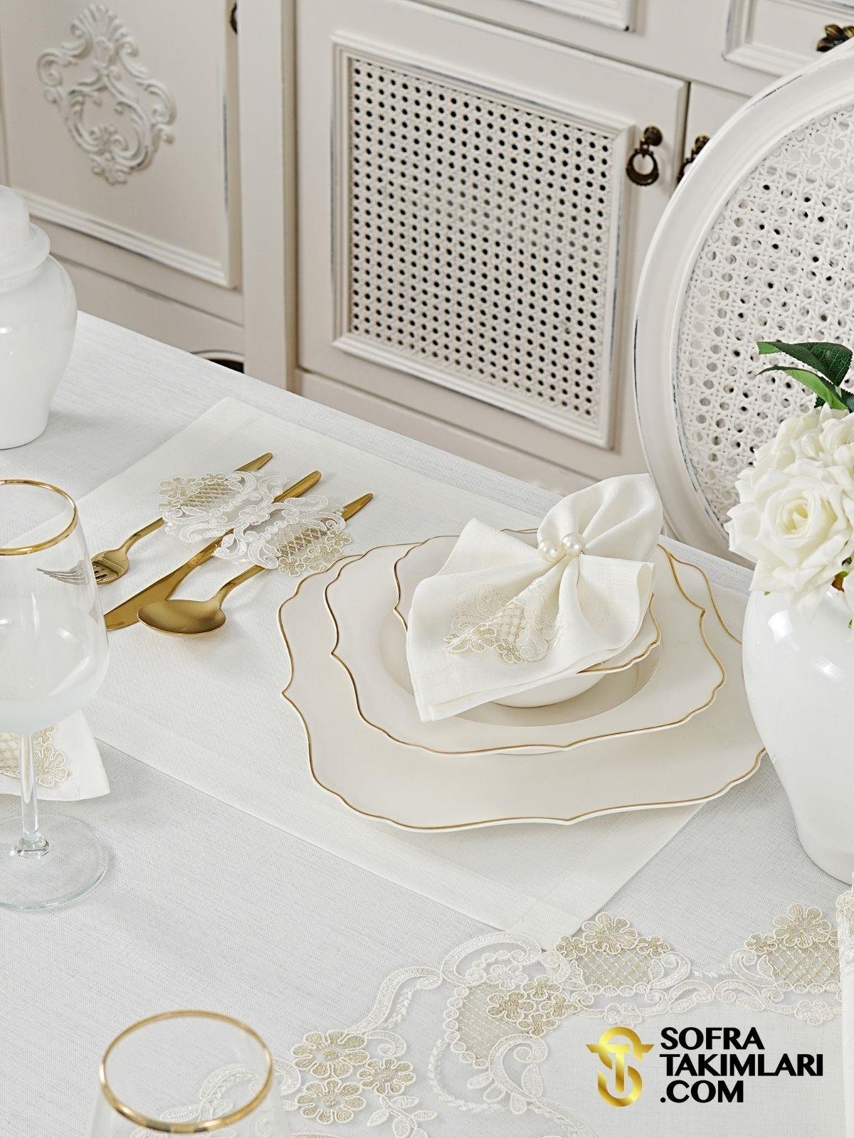 Safir Model Lüx Sofra Takımı 38 Parça Amerikan Servisli Set - Gold Dantelli - Kırık Beyaz Keten Kumaş