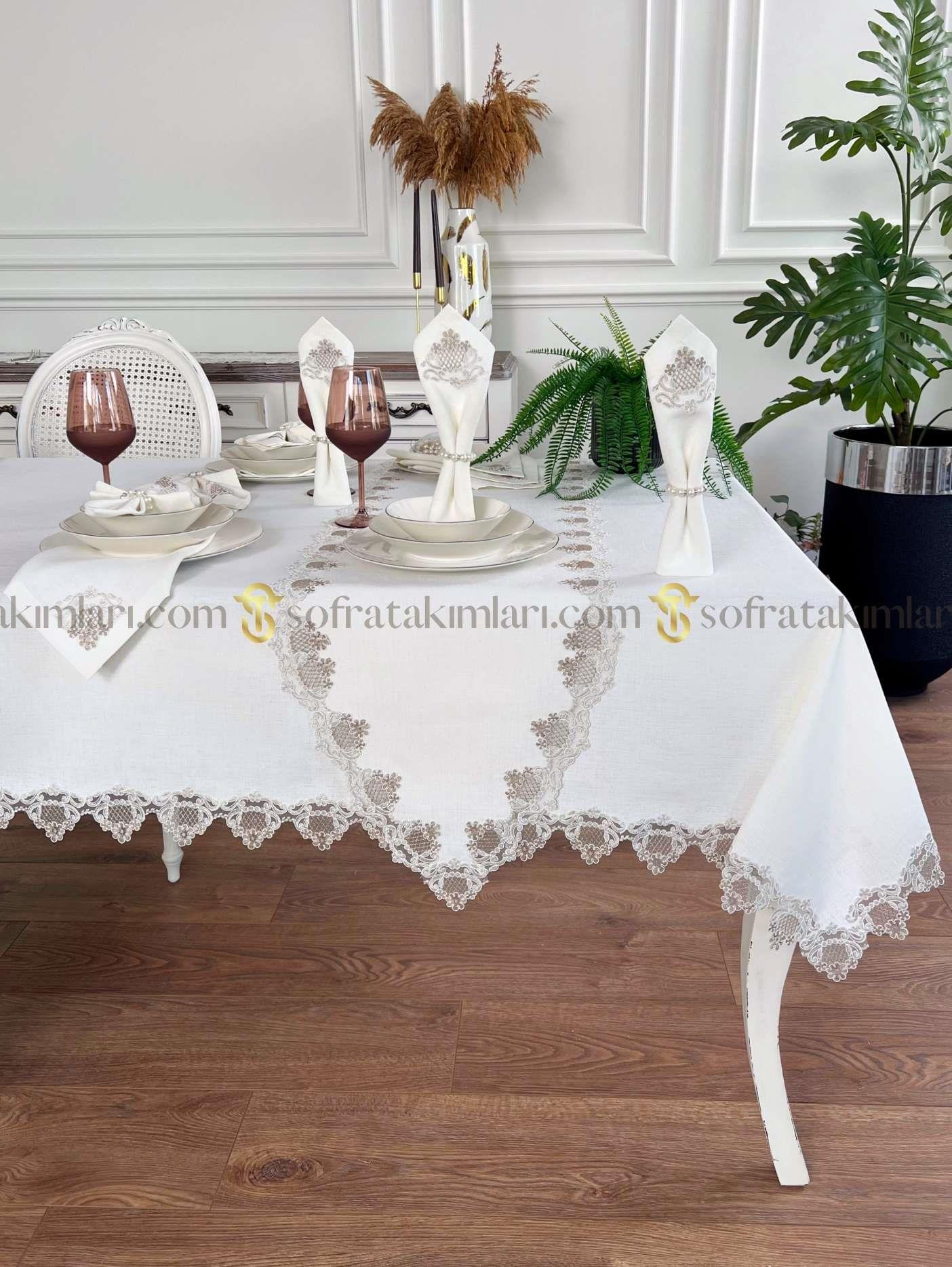 Safir Model Lüx Sofra Takımı - 38 Parça Amerikan Servisli Set - Kahve Dantelli - Kırıkbeyaz Kumaş