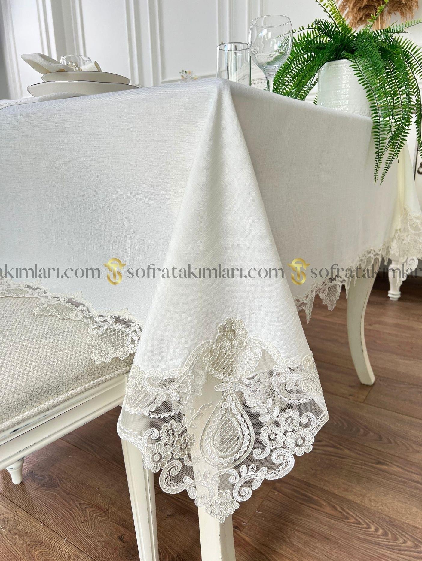 Safir Model Lüx Sofra Takımı 38 Parça Amerikan Servisli Set - Gümüş Dantelli - Kırık Beyaz Keten Kumaş