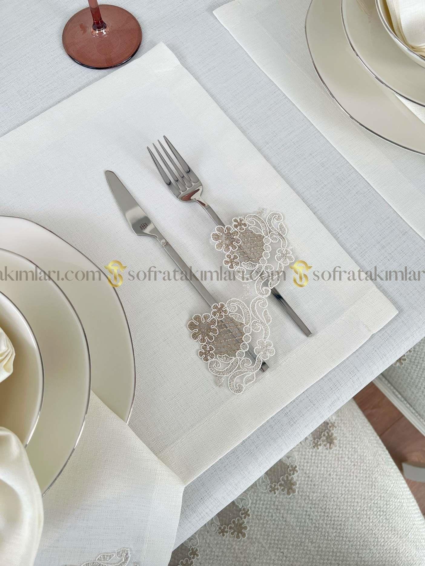 Safir Model Lüx Sofra Takımı - 38 Parça Amerikan Servisli Set - Kahve Dantelli - Kırıkbeyaz Kumaş