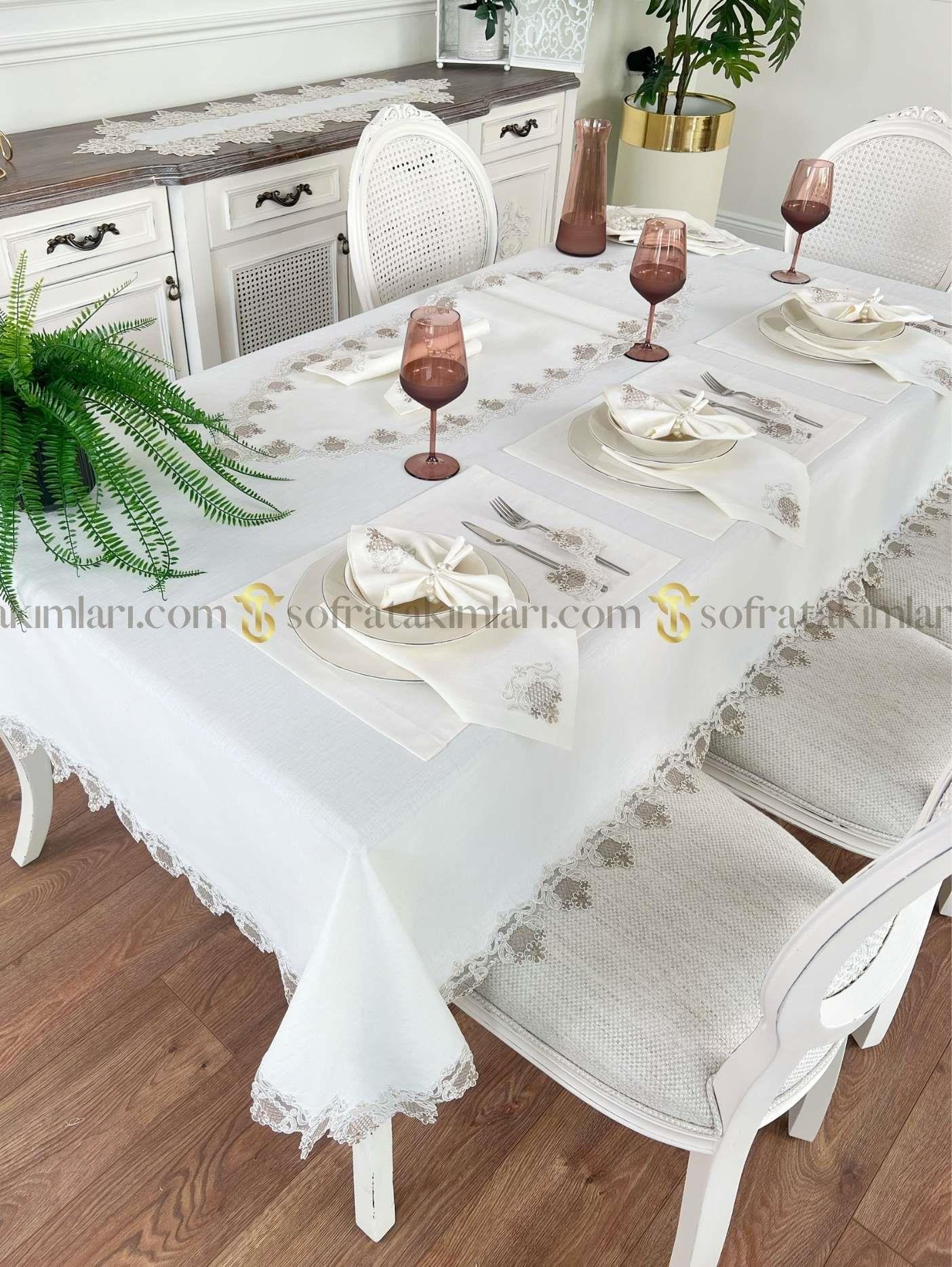Safir Model Lüx Sofra Takımı - 38 Parça Amerikan Servisli Set - Kahve Dantelli - Kırıkbeyaz Kumaş