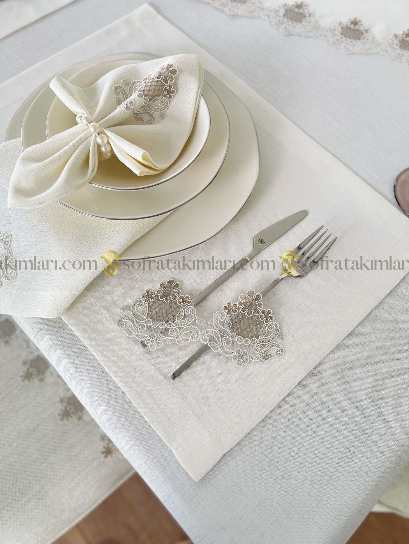 Safir Model Lüx Sofra Takımı - 38 Parça Amerikan Servisli Set - Kahve Dantelli - Kırıkbeyaz Kumaş