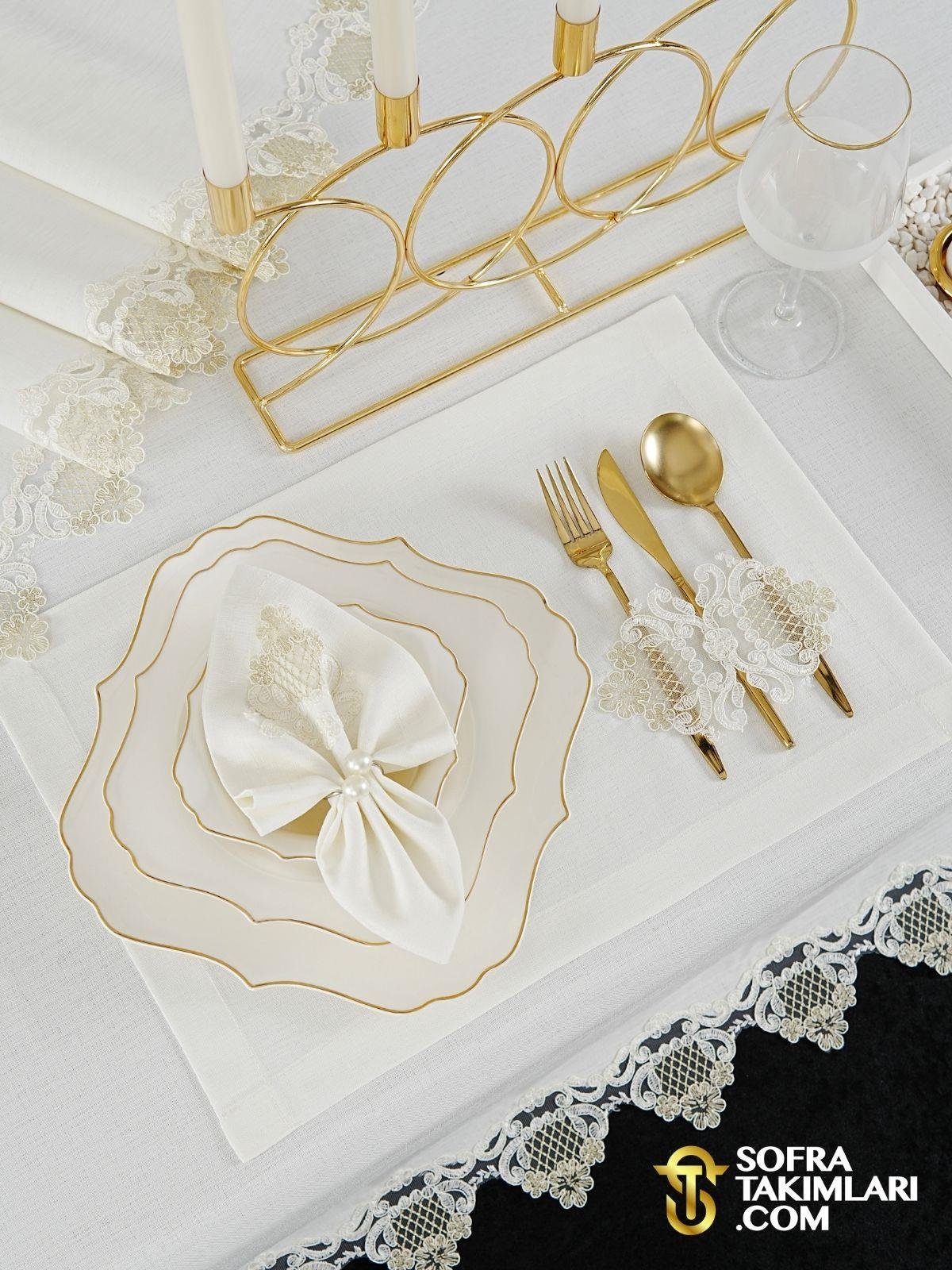 Safir Model Lüx Sofra Takımı 38 Parça Amerikan Servisli Set - Gold Dantelli - Kırık Beyaz Keten Kumaş