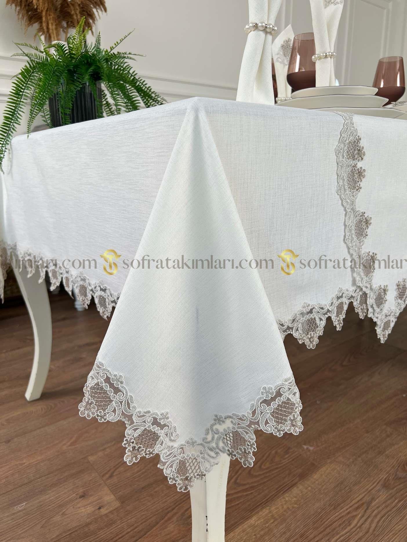 Safir Model Lüx Sofra Takımı - 38 Parça Amerikan Servisli Set - Kahve Dantelli - Kırıkbeyaz Kumaş