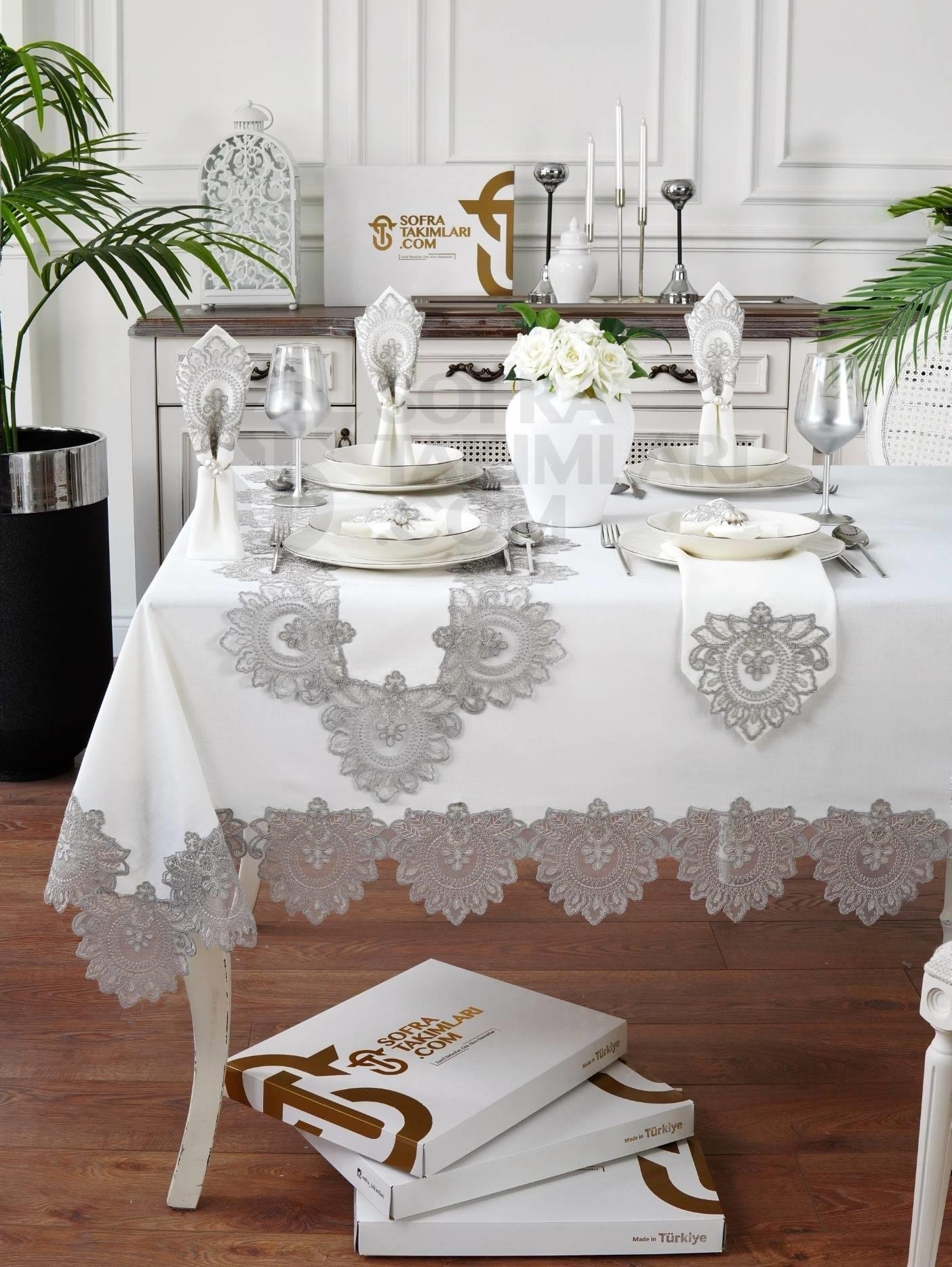 Şahmeran Model Lüx 26 Parça Sofra Takımı Set - Gümüş Dantelli - Kırık Beyaz Kumaş