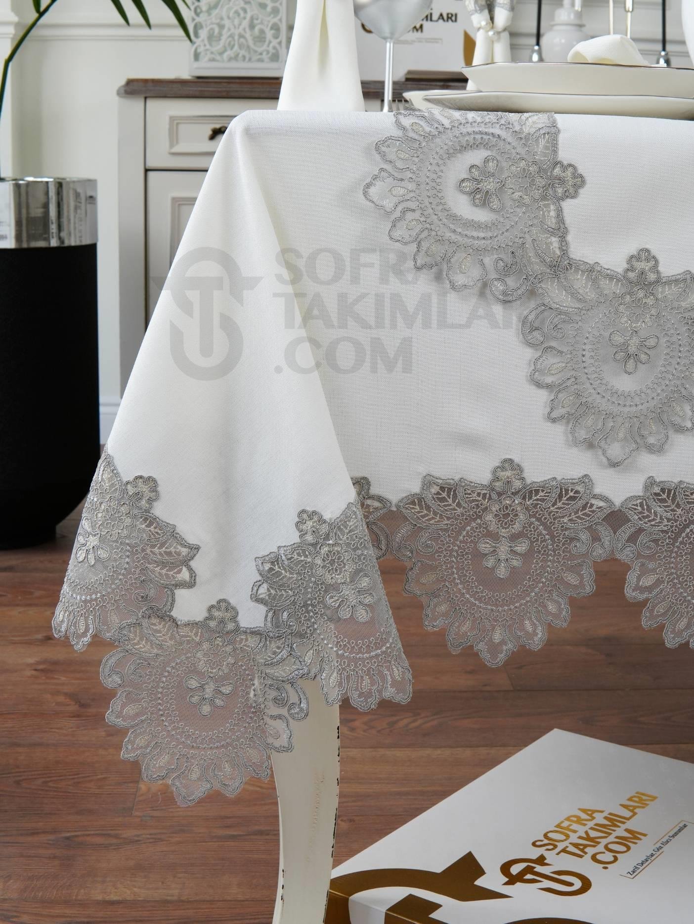 Şahmeran Model Lüx 26 Parça Sofra Takımı Set - Gümüş Dantelli - Kırık Beyaz Kumaş