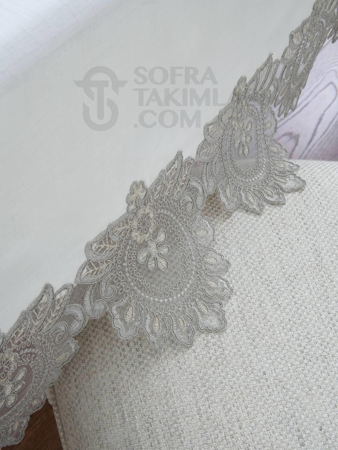 Şahmeran Model Lüx 26 Parça Sofra Takımı Set - Gümüş Dantelli - Kırık Beyaz Kumaş