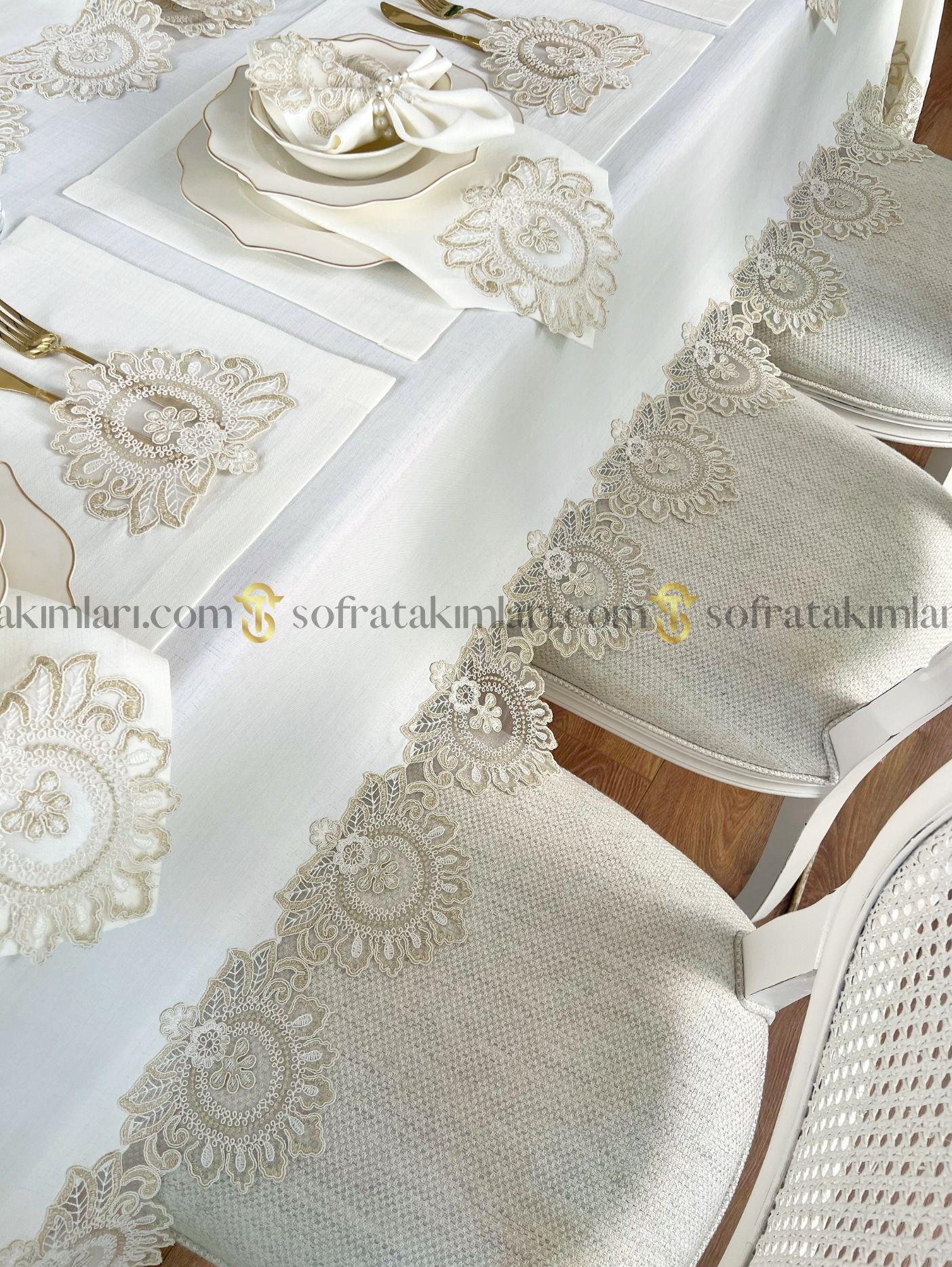 Şahmeran Model Lüx Sofra Takımı 38 Parça Amerikan Servisli Set - Gold Dantelli - Kırık Beyaz Kumaş