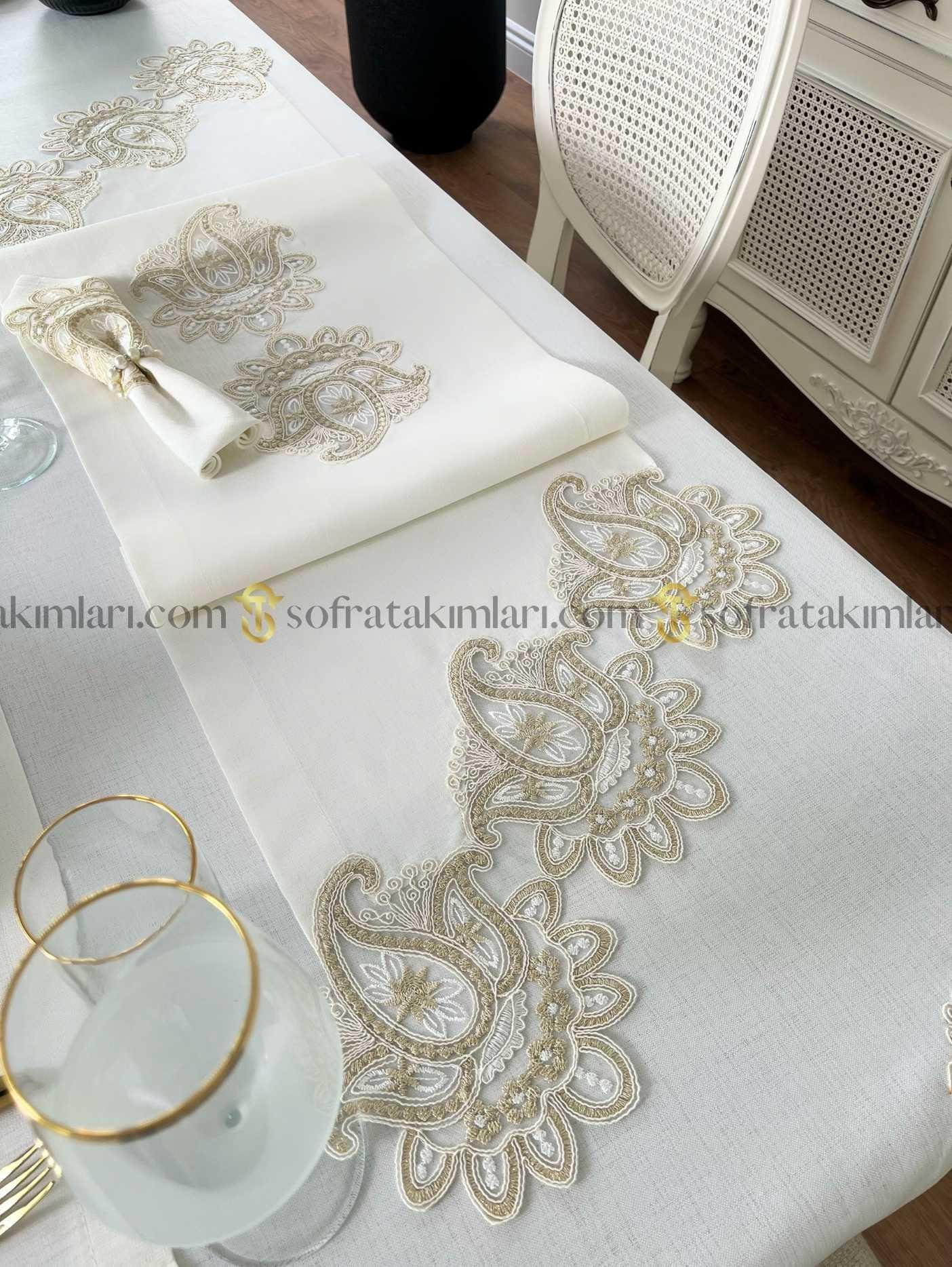Şal Model Eko 38 Parça Sofra Takımı - Gold Dantelli - Kırık Beyaz Kumaş