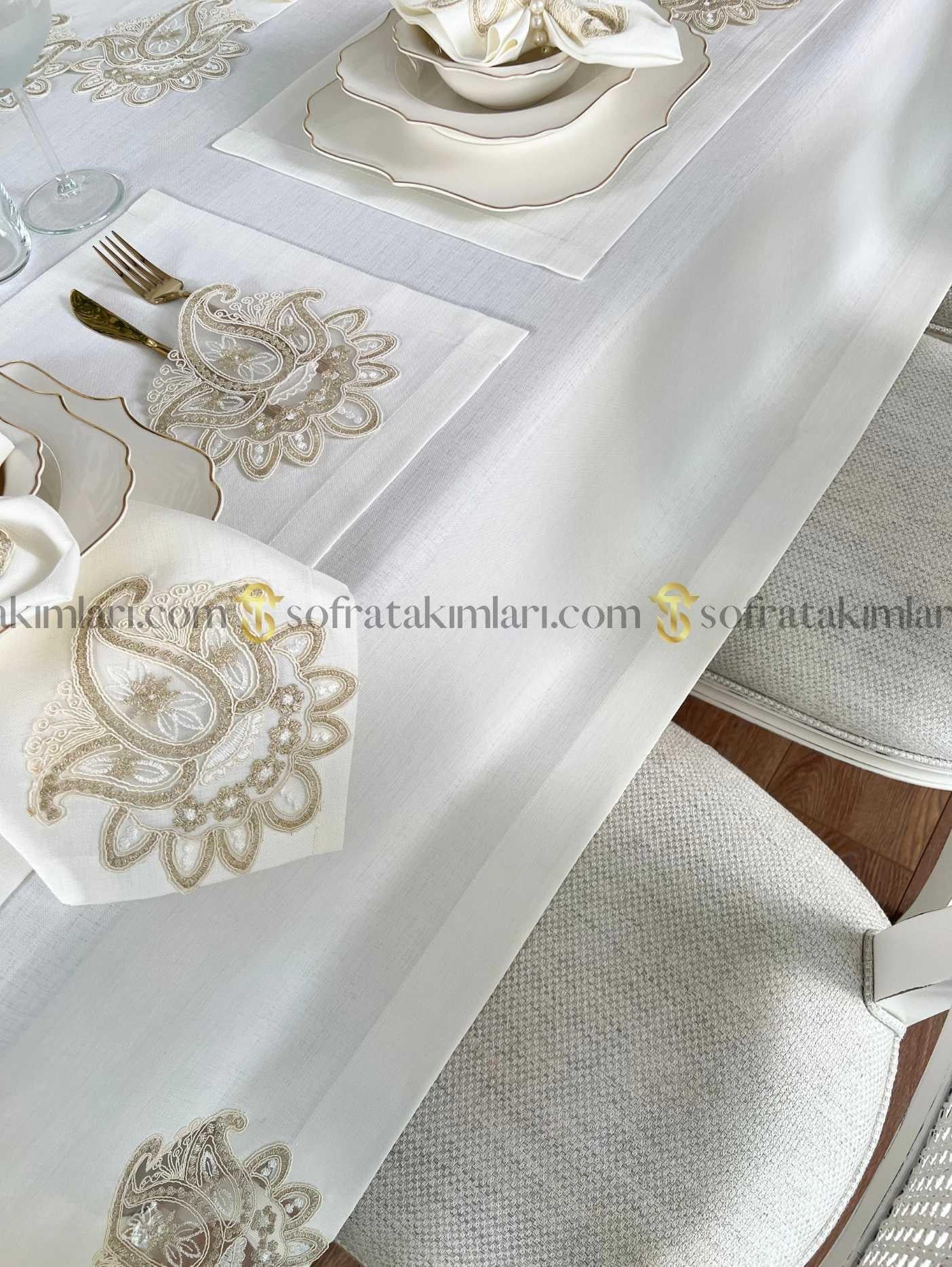 Şal Model Eko 38 Parça Sofra Takımı - Gold Dantelli - Kırık Beyaz Kumaş