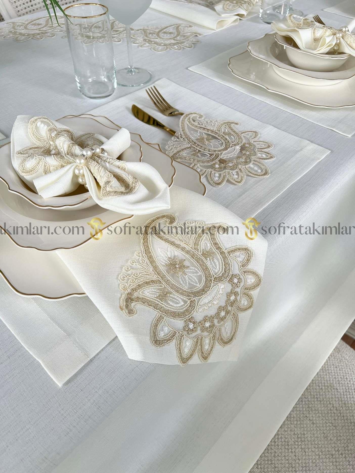 Şal Model Eko 38 Parça Sofra Takımı - Gold Dantelli - Kırık Beyaz Kumaş