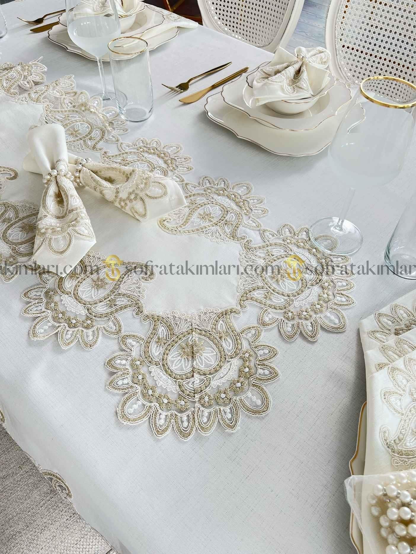 Şal Model Lüx 26 Parça Sofra Takımı - Gold Dantelli - Kırık Beyaz Kumaş