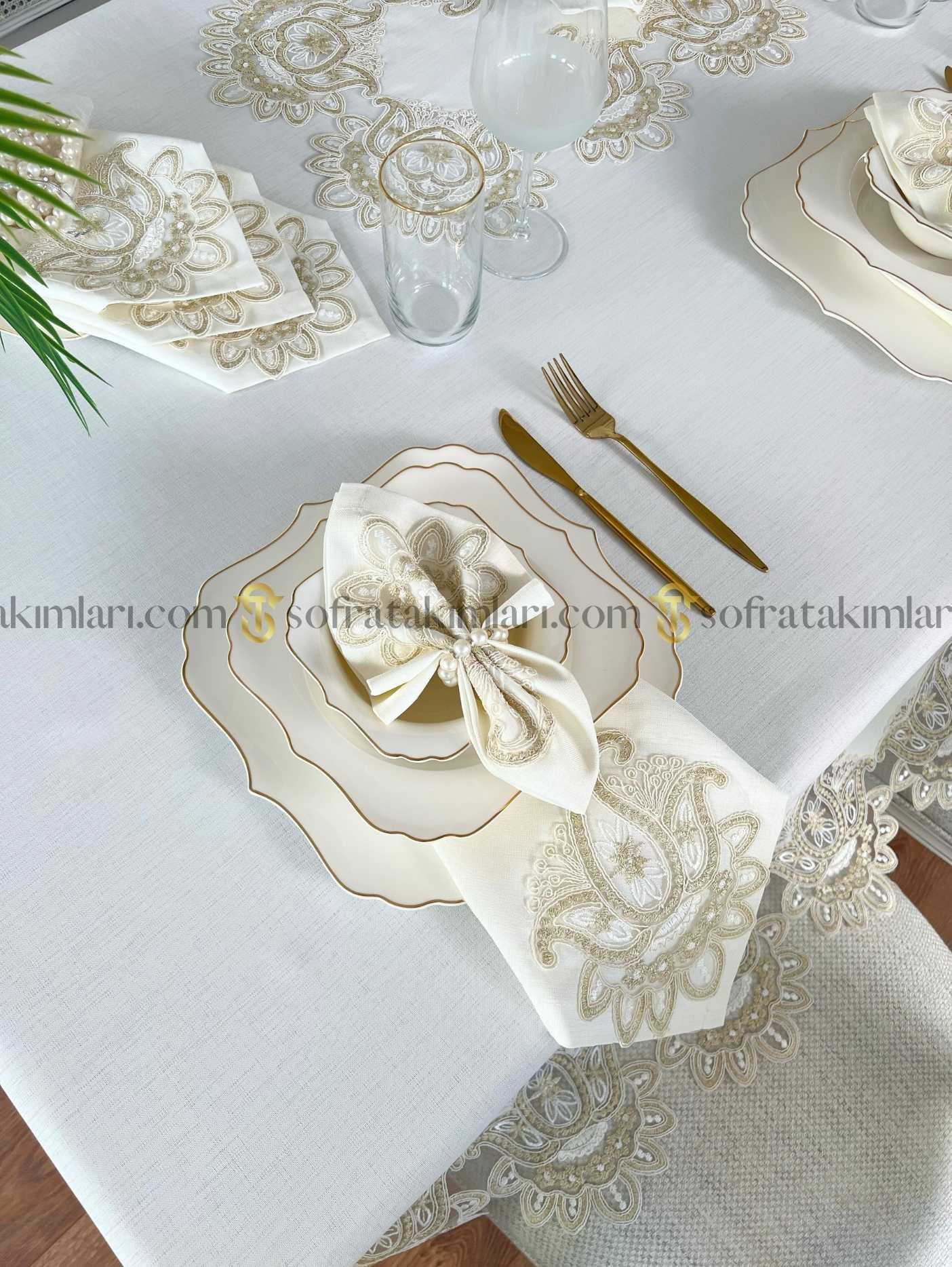 Şal Model Lüx 26 Parça Sofra Takımı - Gold Dantelli - Kırık Beyaz Kumaş