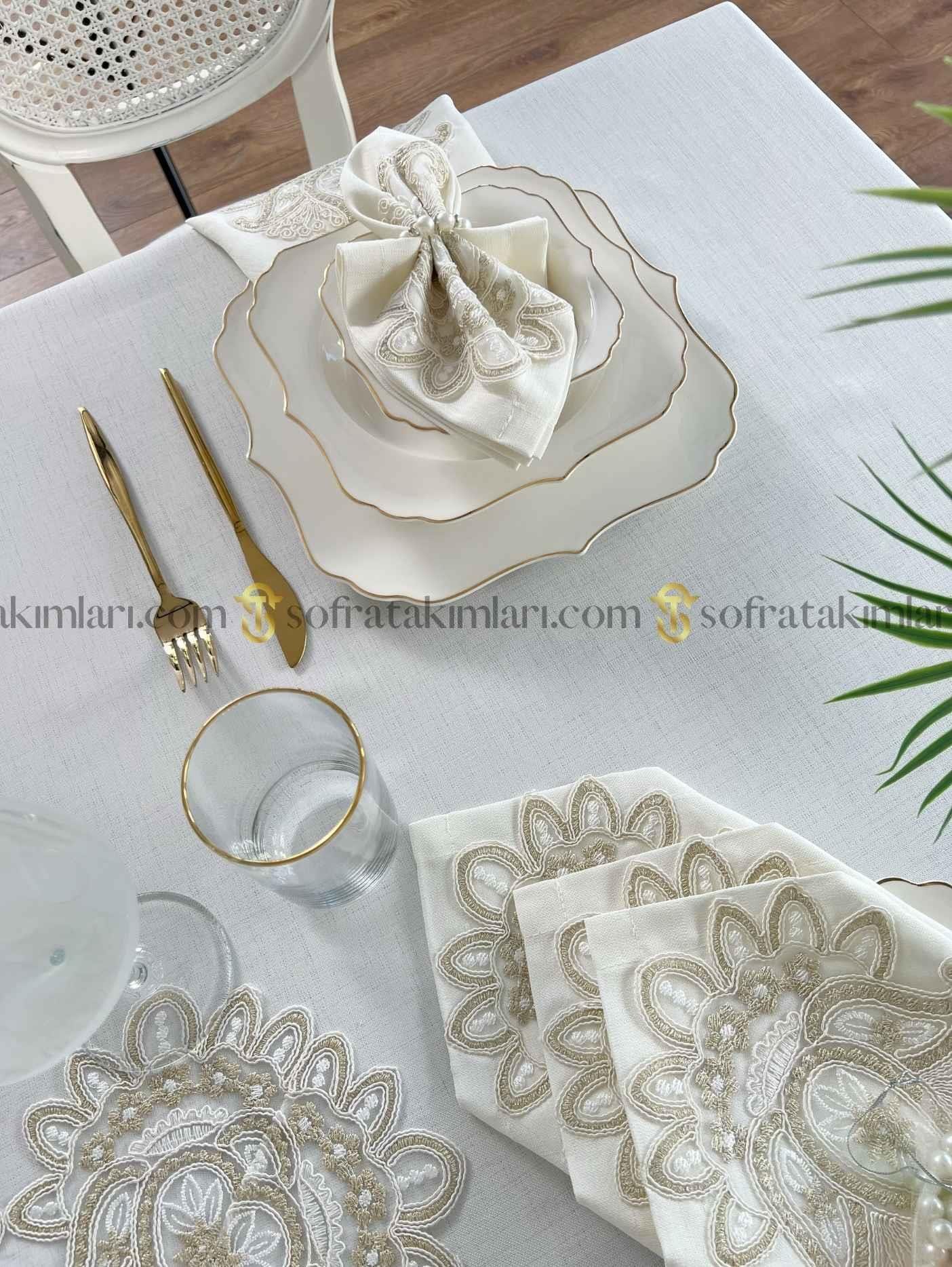 Şal Model Lüx 26 Parça Sofra Takımı - Gold Dantelli - Kırık Beyaz Kumaş