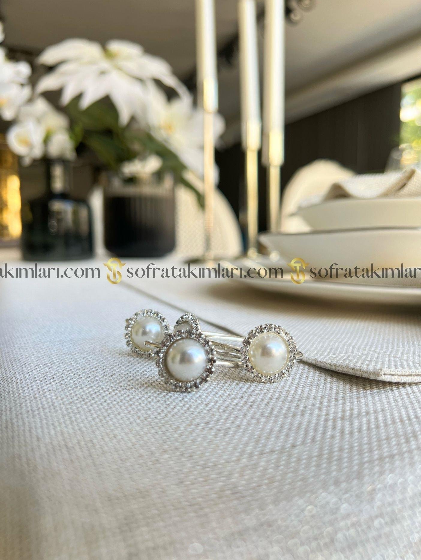 Salkım Model 38 Parça Lüx Sofra Takımı - Kırık Beyaz Dantelli - Işıltılı Taş Rengi Kumaş 