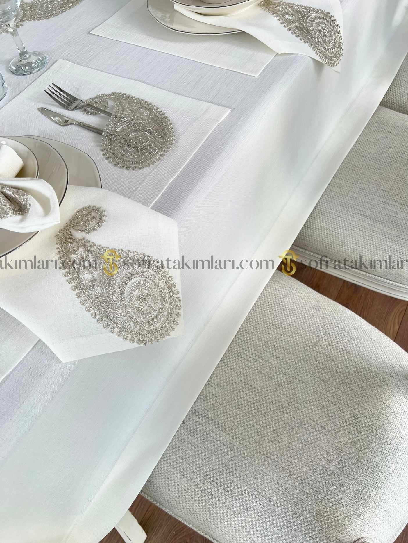 Salkım Model Eko 38 Parça Sofra Takımı - Platin Dantelli - Kırık Beyaz Kumaş