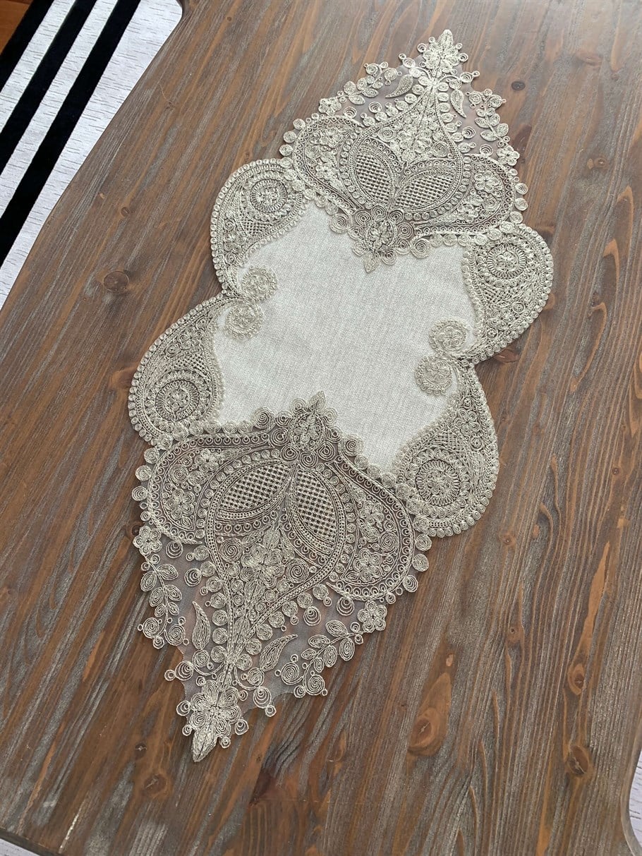 Salkım Salon Takımı 5 Parça Platin Dantel Taş Kumaş