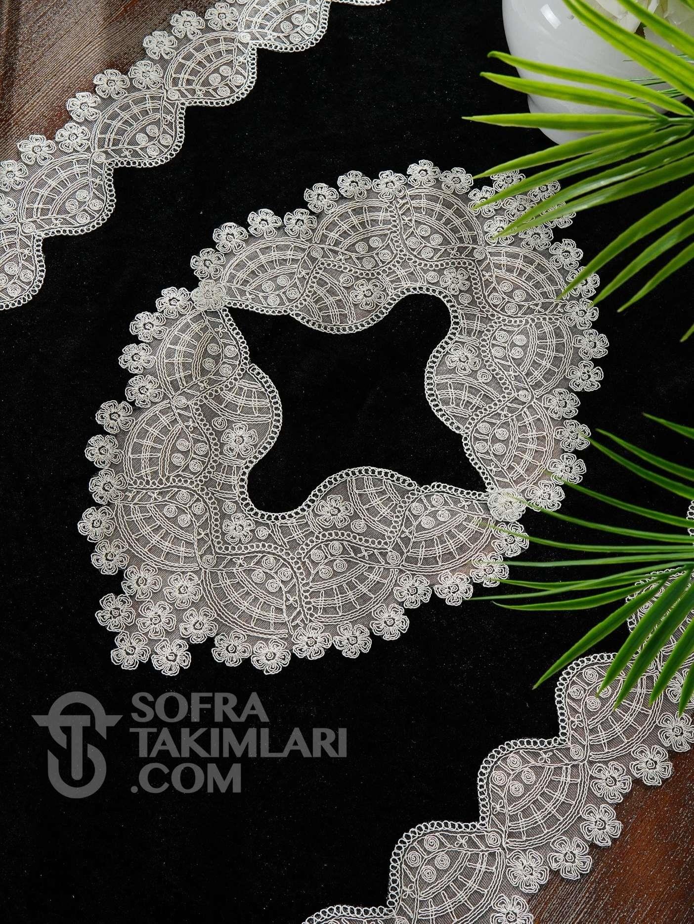 Sevda Model 5 Parça Salon Örtü Takımı - Siyah Kadife Kumaş yys