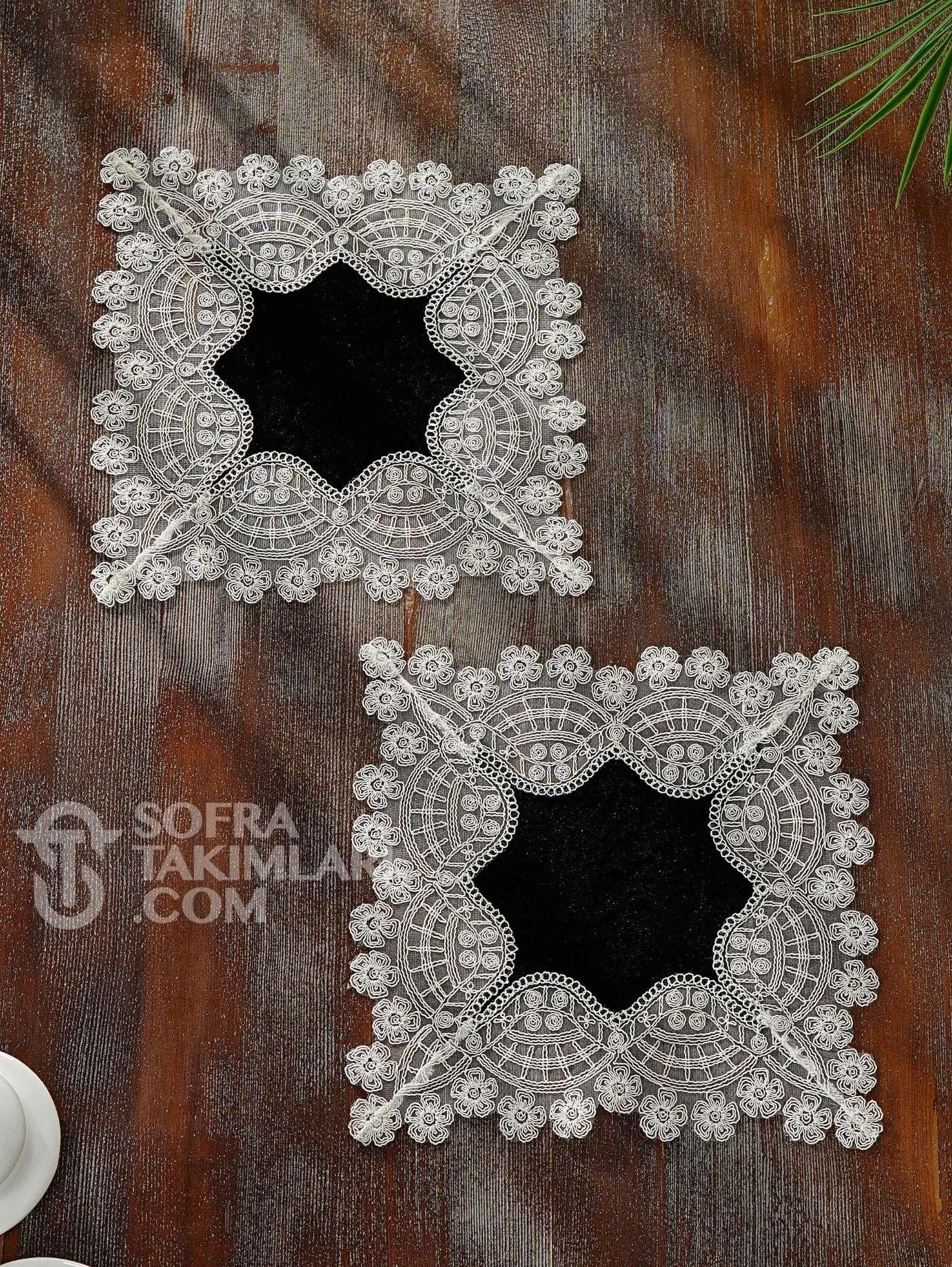 Sevda Model 5 Parça Salon Örtü Takımı - Siyah Kadife Kumaş yys