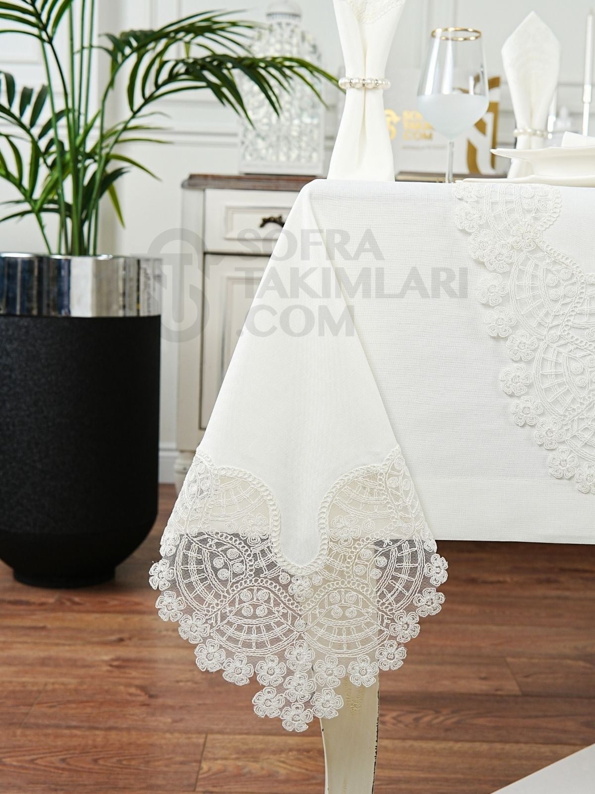 Sevda Model Eko Sofra Takımı 26 Parça Set - Kırık Beyaz Dantel - Kırık Beyaz Keten Kumaş