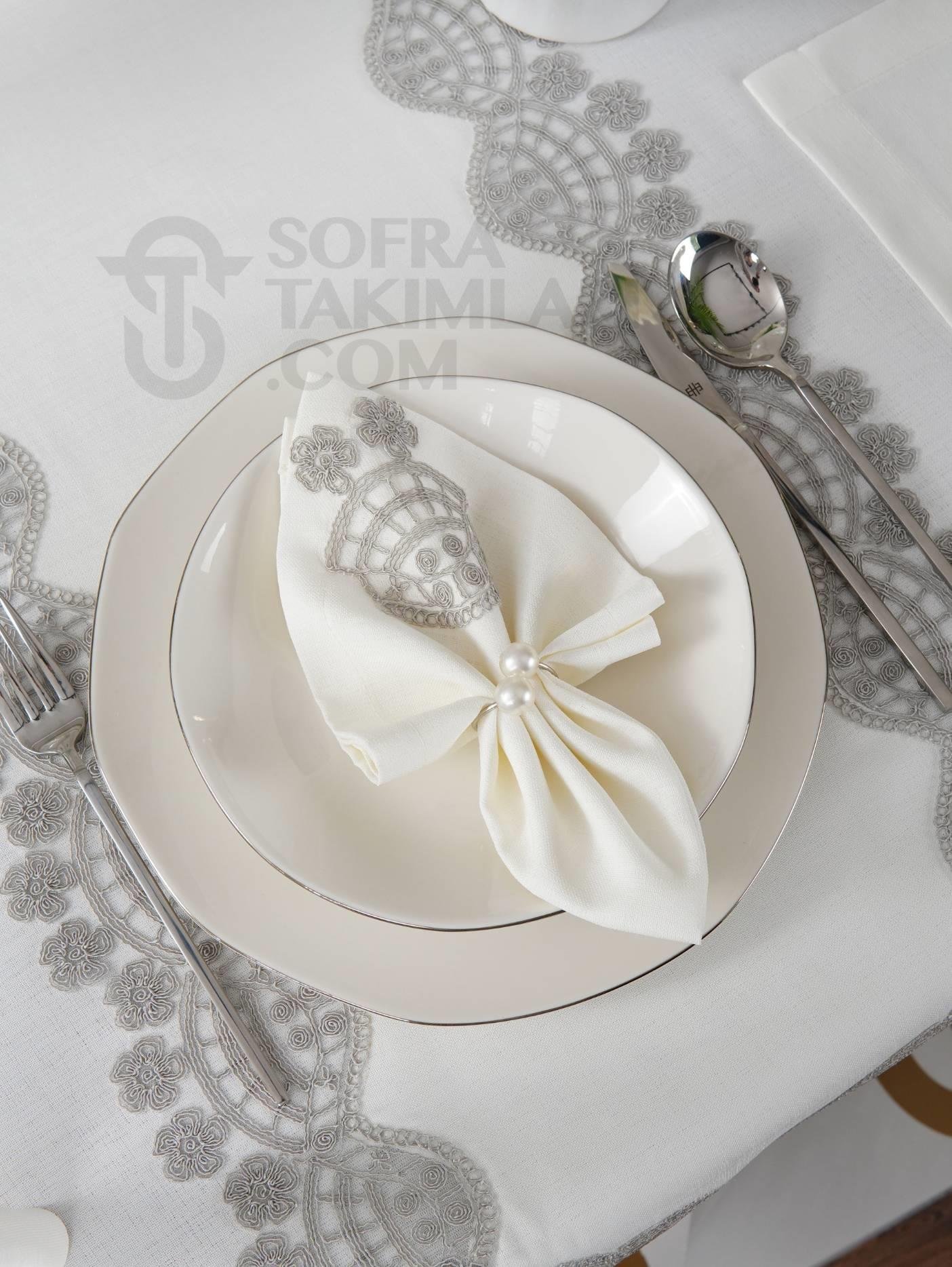Sevda Model Lüx Sofra Takımı 38 Parça Amerikan Servisli Set - Gri Dantelli