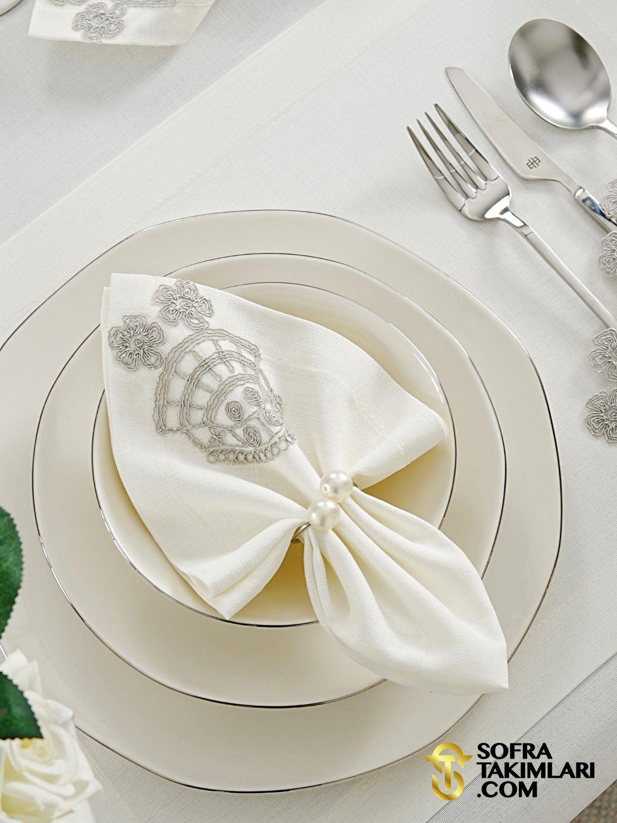 Sevda Model Lüx Sofra Takımı 38 Parça Amerikan Servisli Set - Gri Dantelli