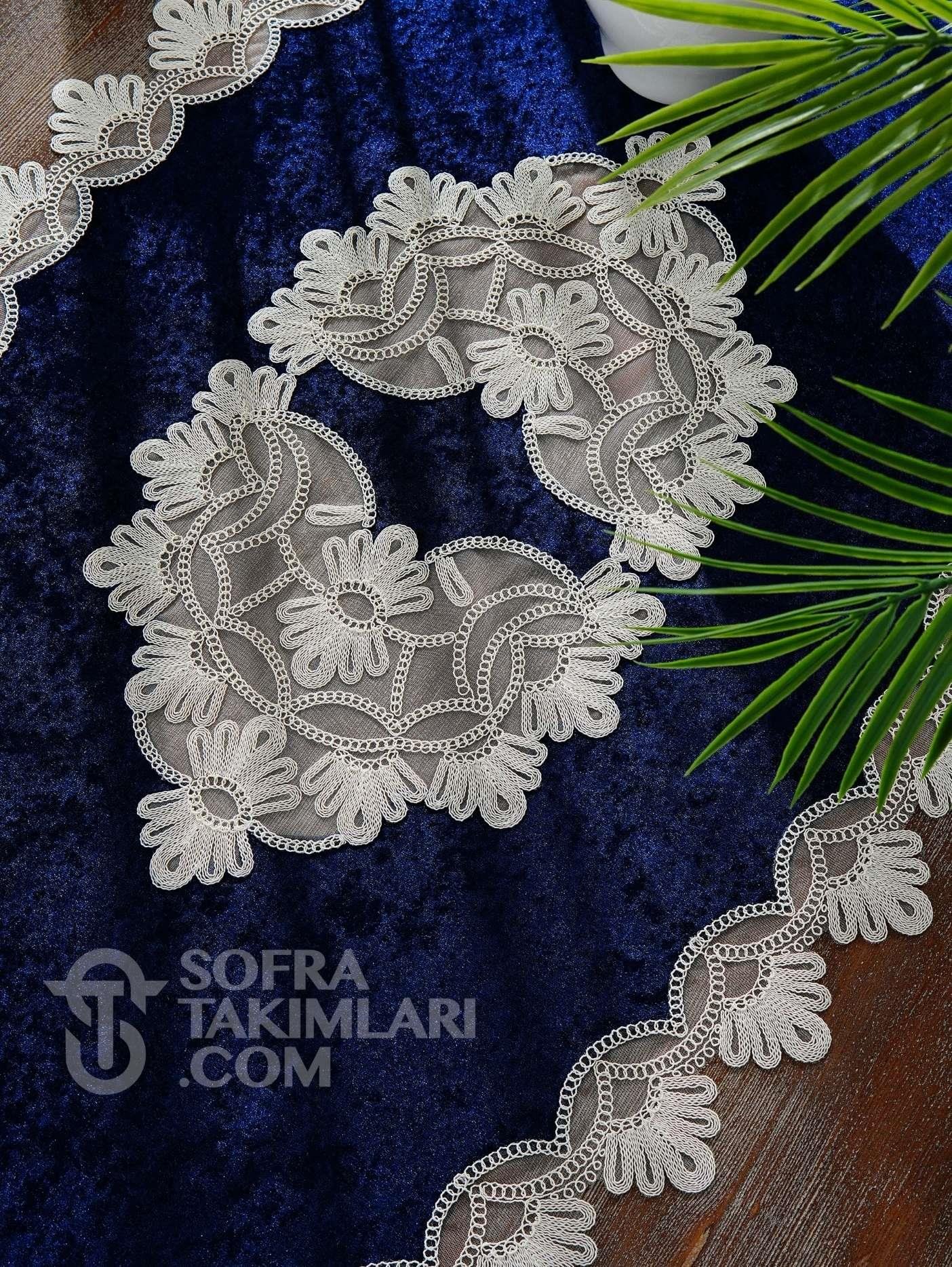 Sofia Model 5 Parça Salon Örtü Takımı - Lacivert Kadife Kumaş