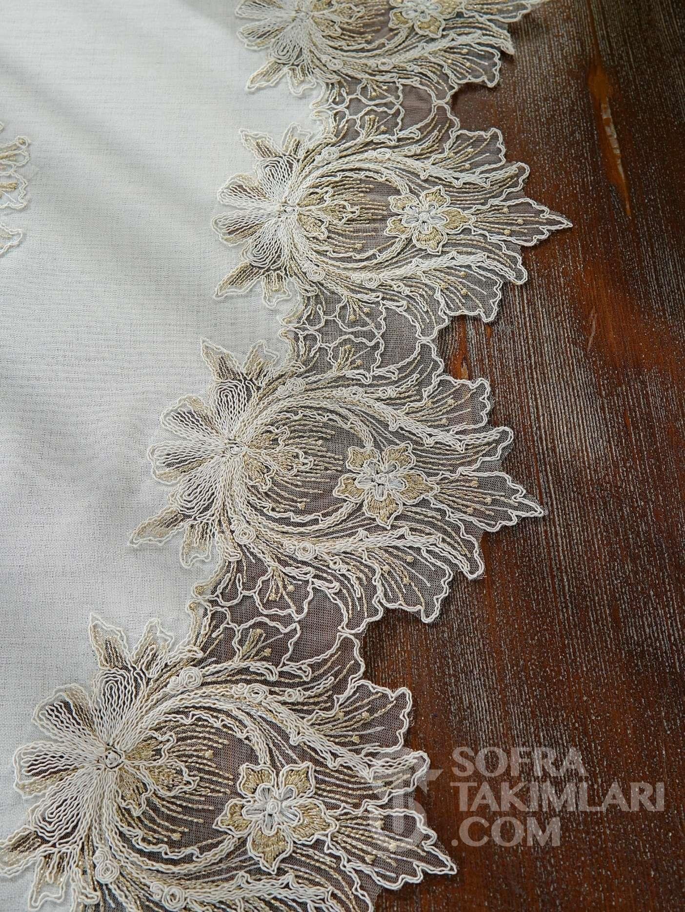 Taj Mahal 5 Parça Salon Takımı Gold Dantel -Gardenya Kırıkbeyaz