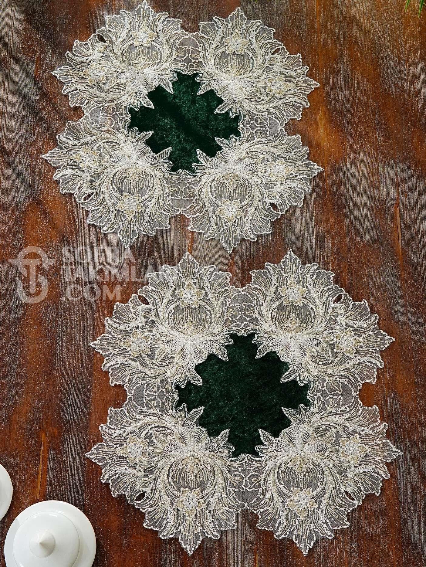 Taj Mahal Model 5 Parça Salon Örtü Takımı - Yeşil Kadife Kumaş YYS