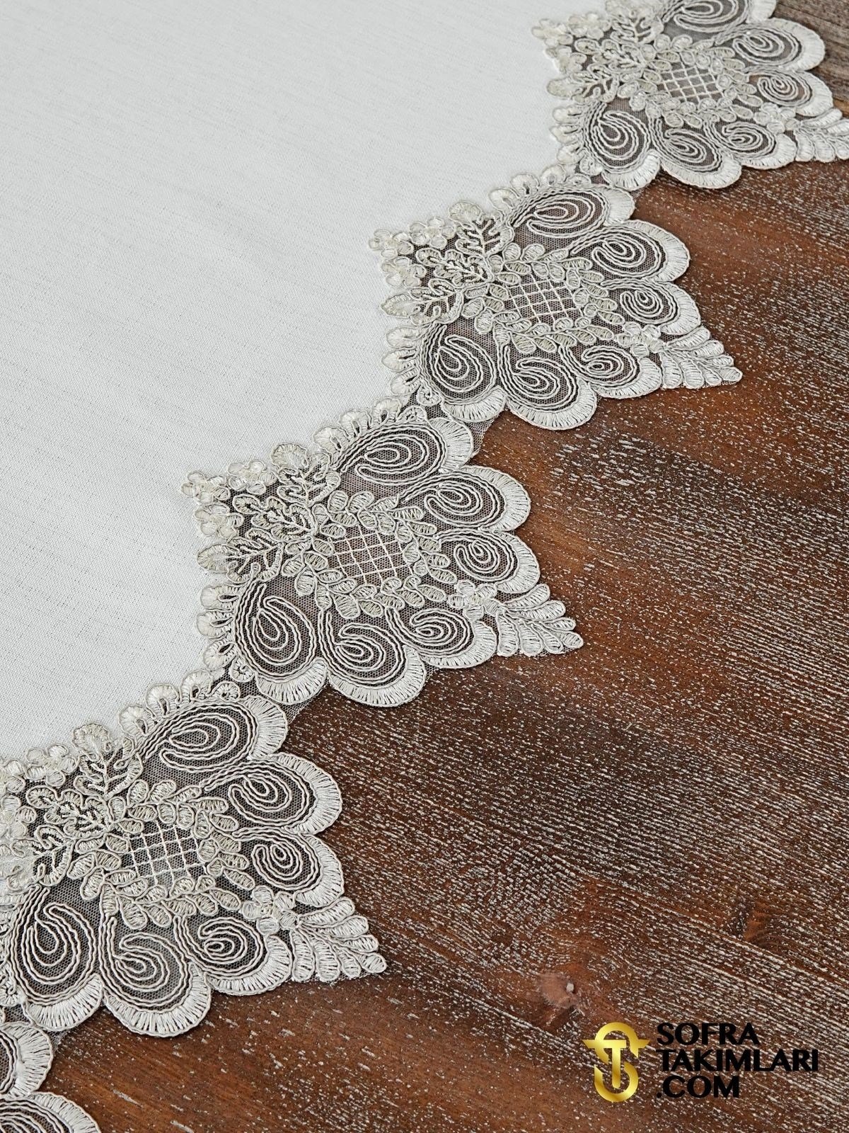 Valentino Model Lüx 38 Parça Sofra Takımı Amerikan Servisli Set - Gri Dantelli - Kırık Beyaz Kumaş 